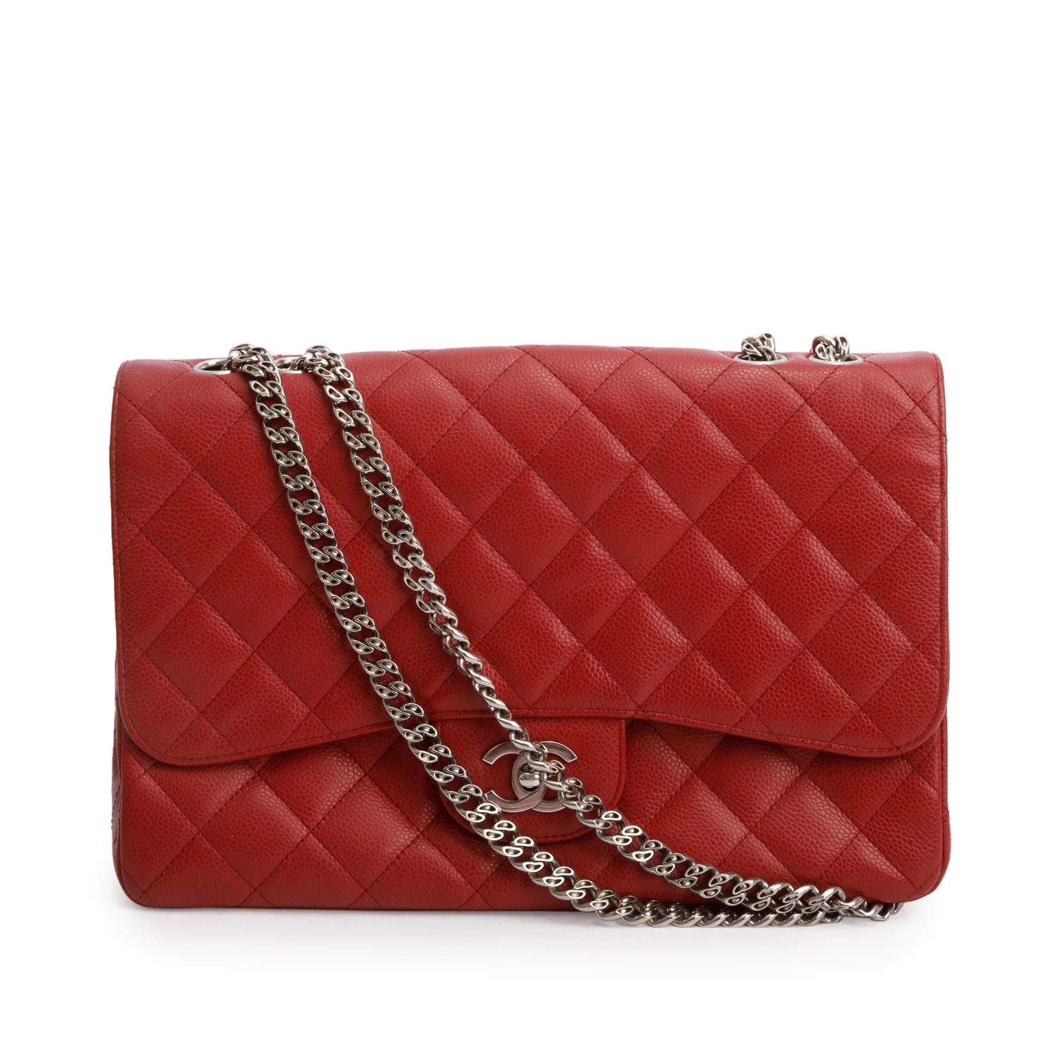 Chanel Red Caviar Classic Jumbo Single Flap Bag w/ Authenticity Card