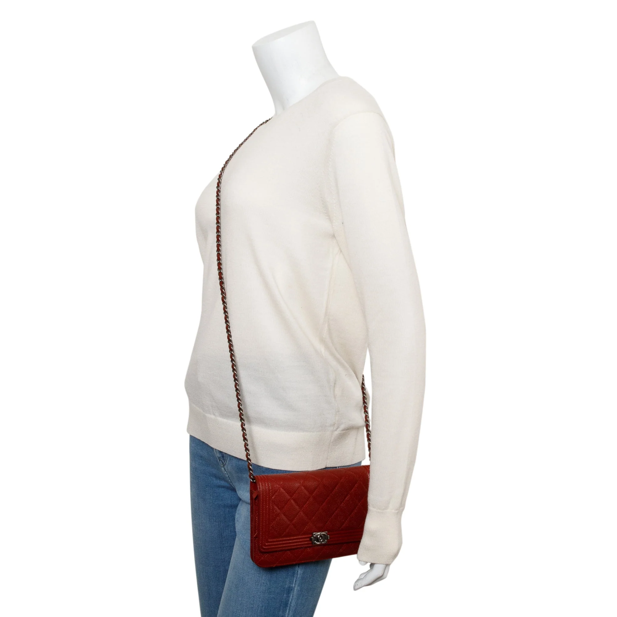 Chanel Red Caviar Leather Boy Wallet on Chain - Image 2