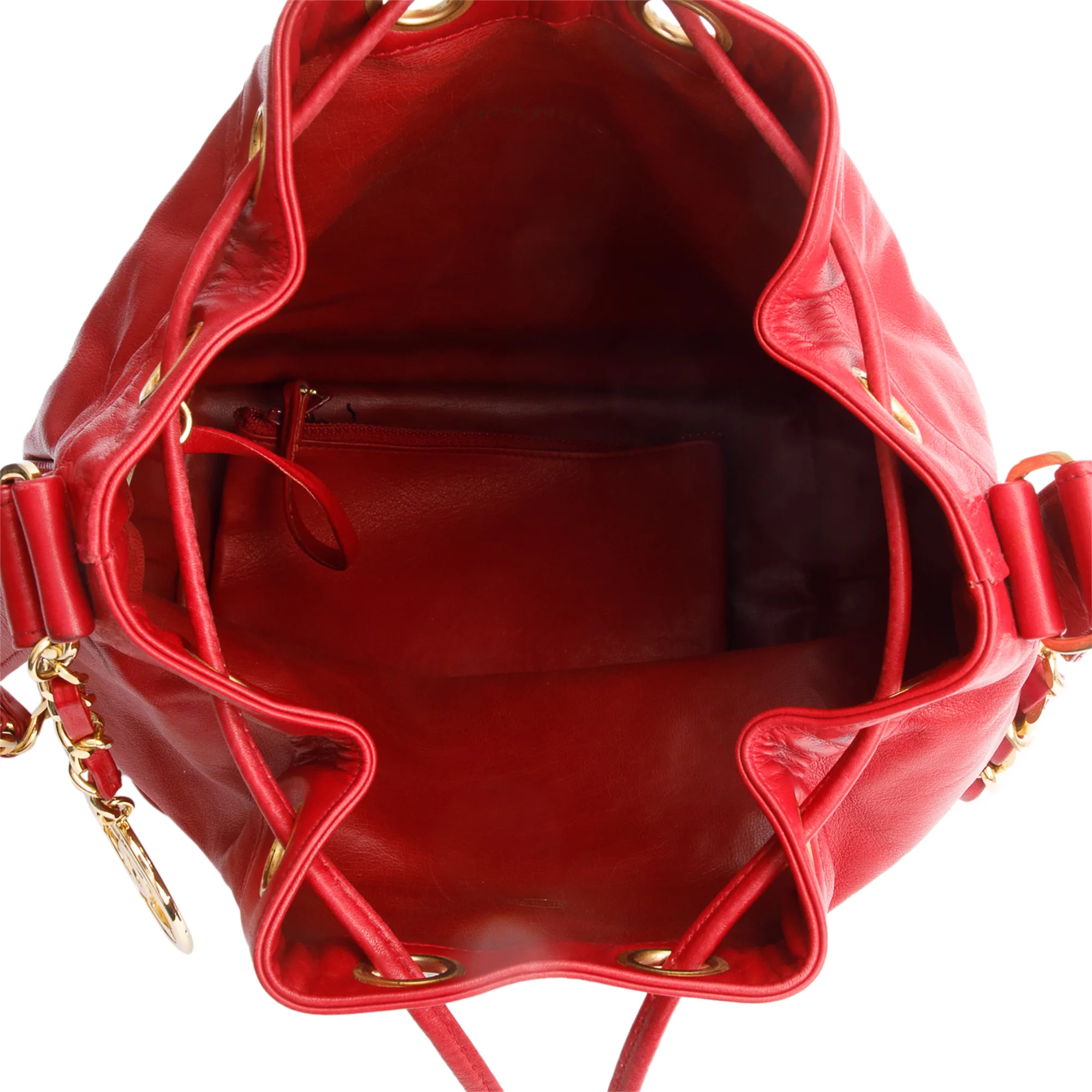 Chanel Red Lambskin Leather Quilted CC Bucket Bag w/ Pouch - Image 3