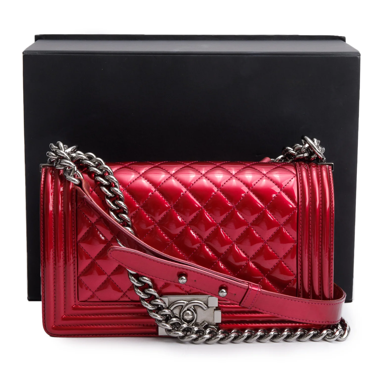 Chanel Red Patent Leather Medium Boy Bag w/ Box & Authenticity Card - Image 2