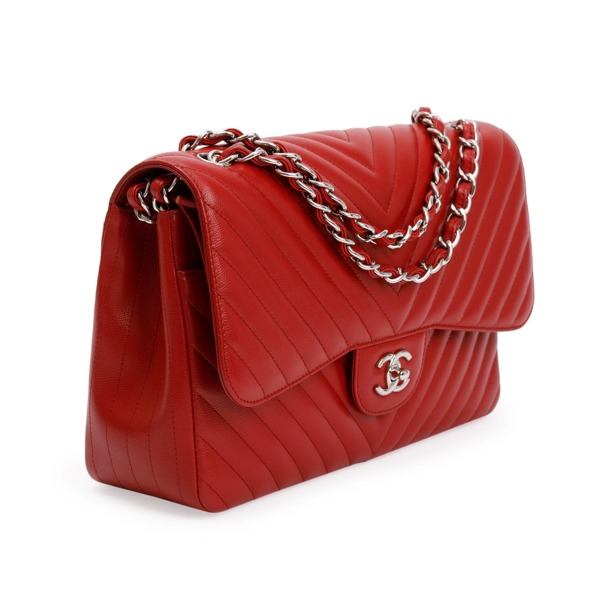 Chanel Red Quilted Caviar Leather Chevron Jumbo Double Flap Bag w/ Box & Authenticity Card - Image 4