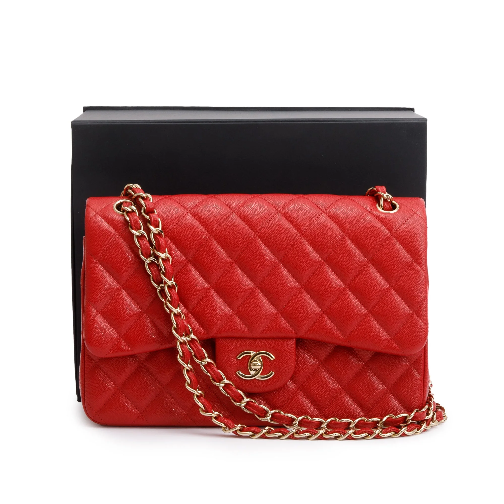 Chanel Red Quilted Caviar Leather Jumbo Double Flap Bag w/ Box, Receipt & Authenticity Card - Image 3