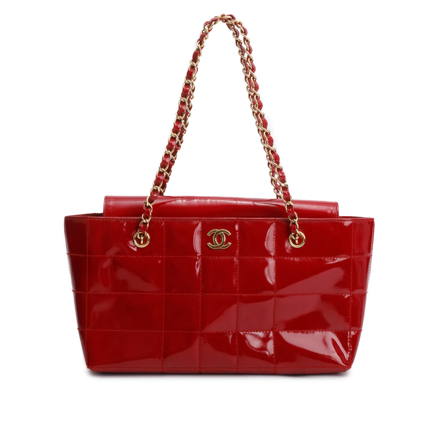 Chanel Red Quilted Patent Leather Chocolate Bar CC Tote - Image 3
