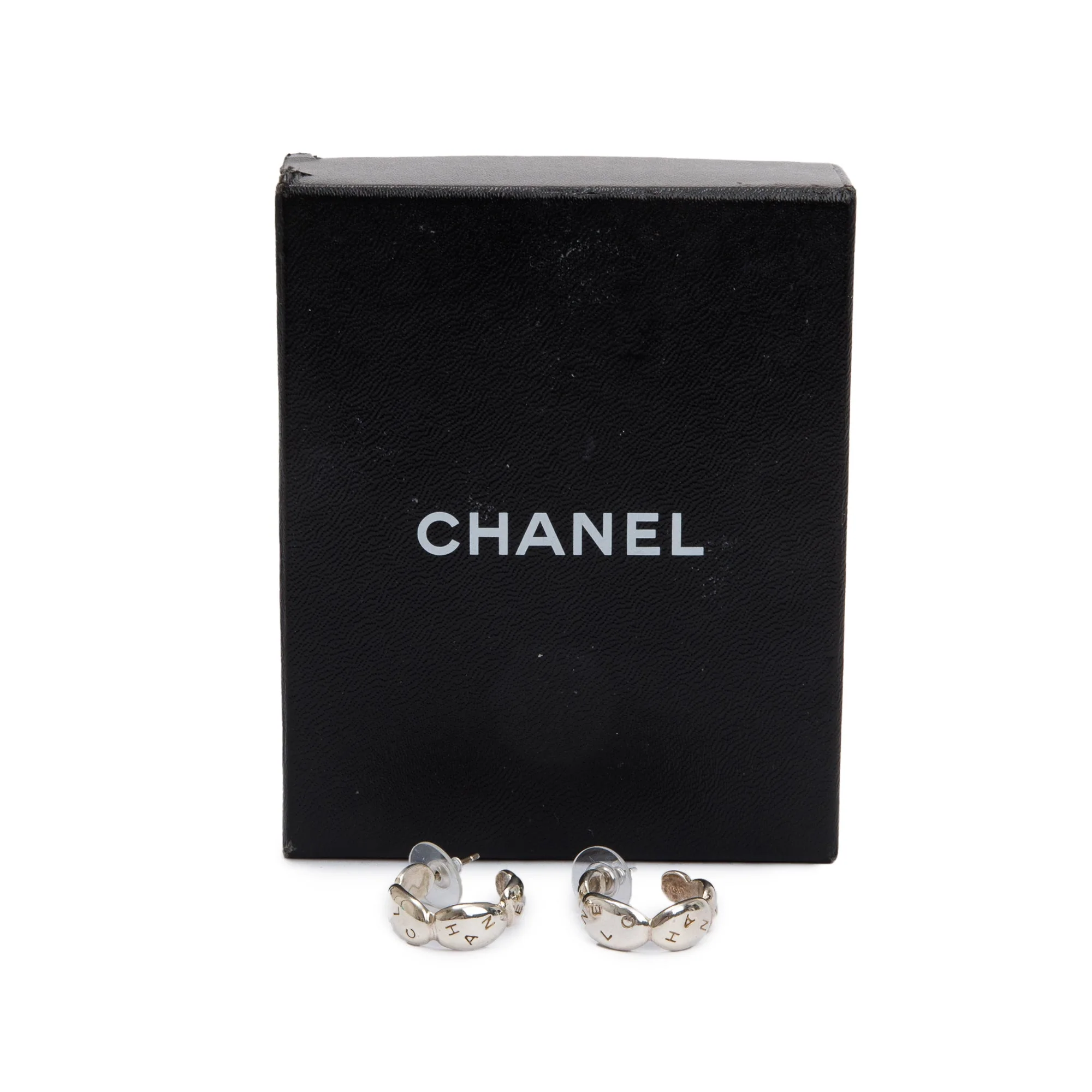 Chanel Sterling Silver Logo Engraved Hoop Earrings w/ Box - Image 2