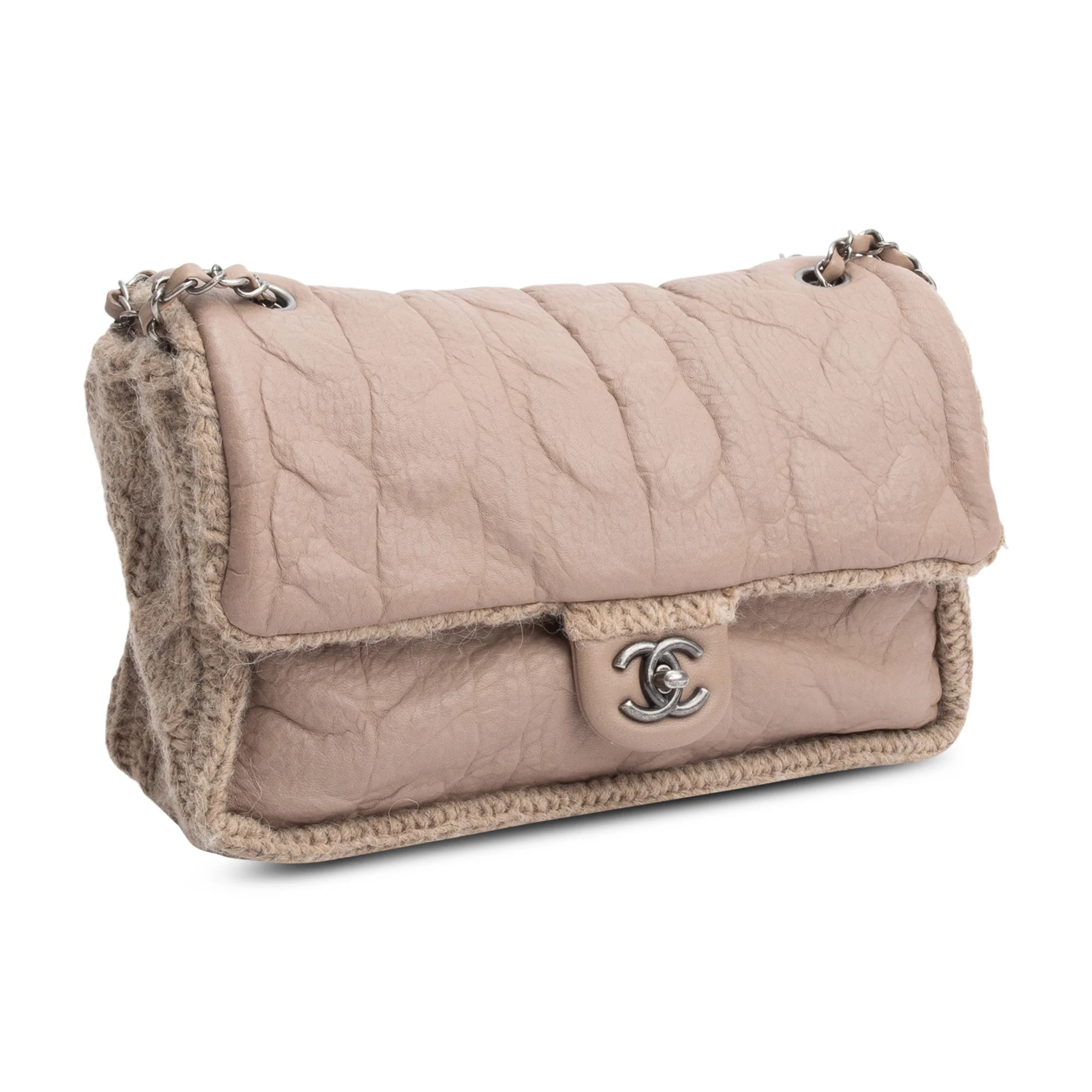 Chanel Taupe Sheepskin & Wool Small Chic Knit Flap Bag w/ Authenticity Card - Image 4