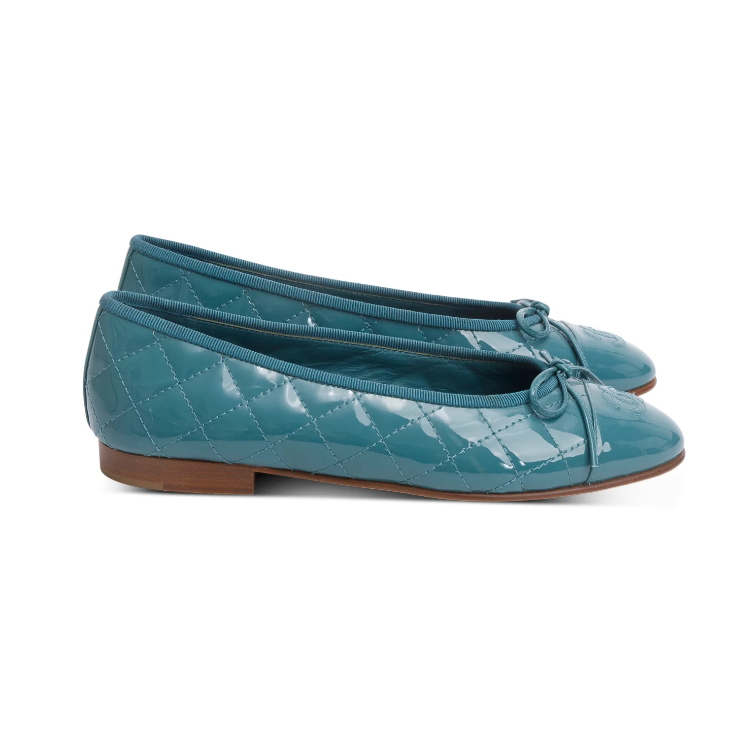 Chanel Teal Quilted Patent Leather Interlocking CC Logo Flats, Size 37 - Image 2