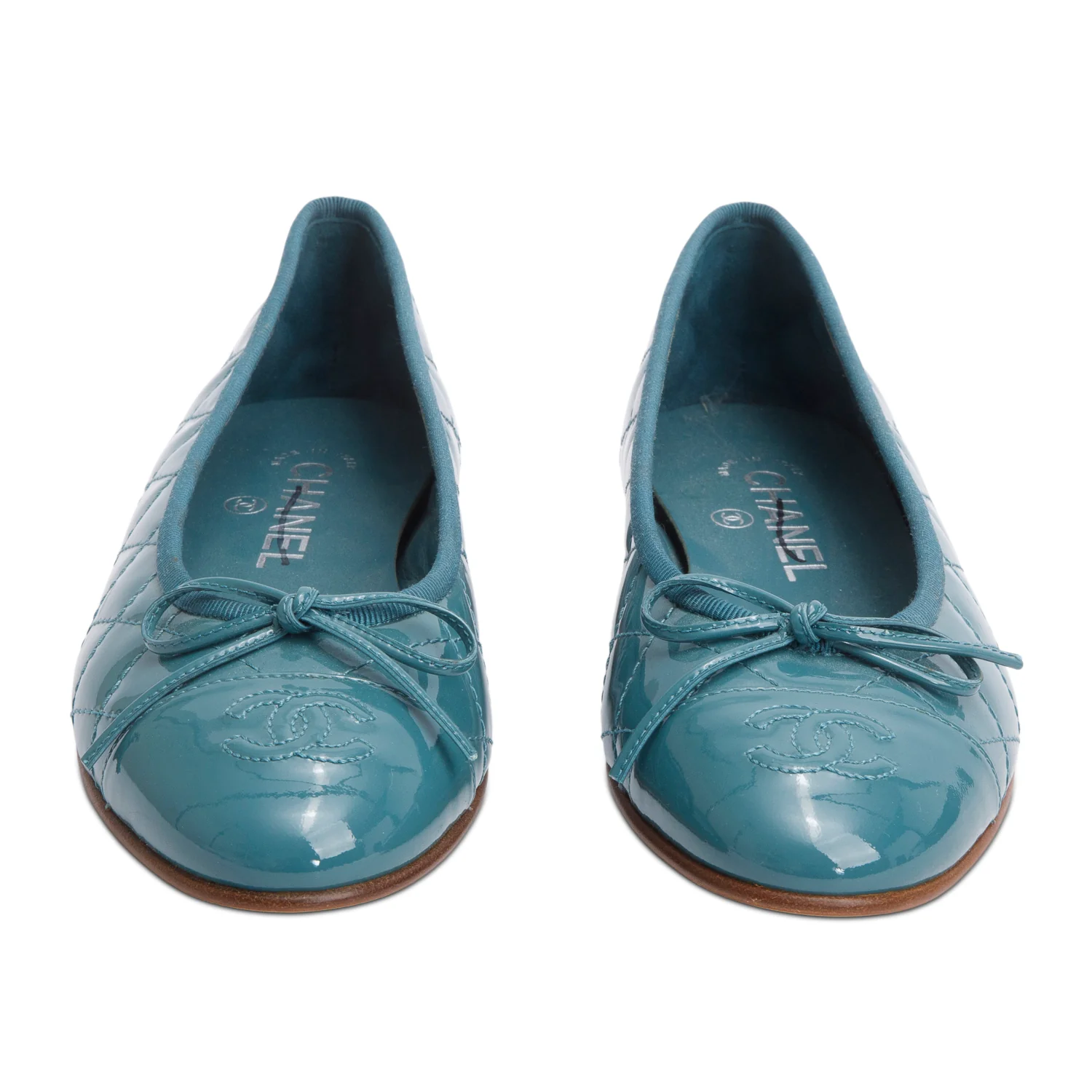 Chanel Teal Quilted Patent Leather Interlocking CC Logo Flats, Size 37 - Image 3