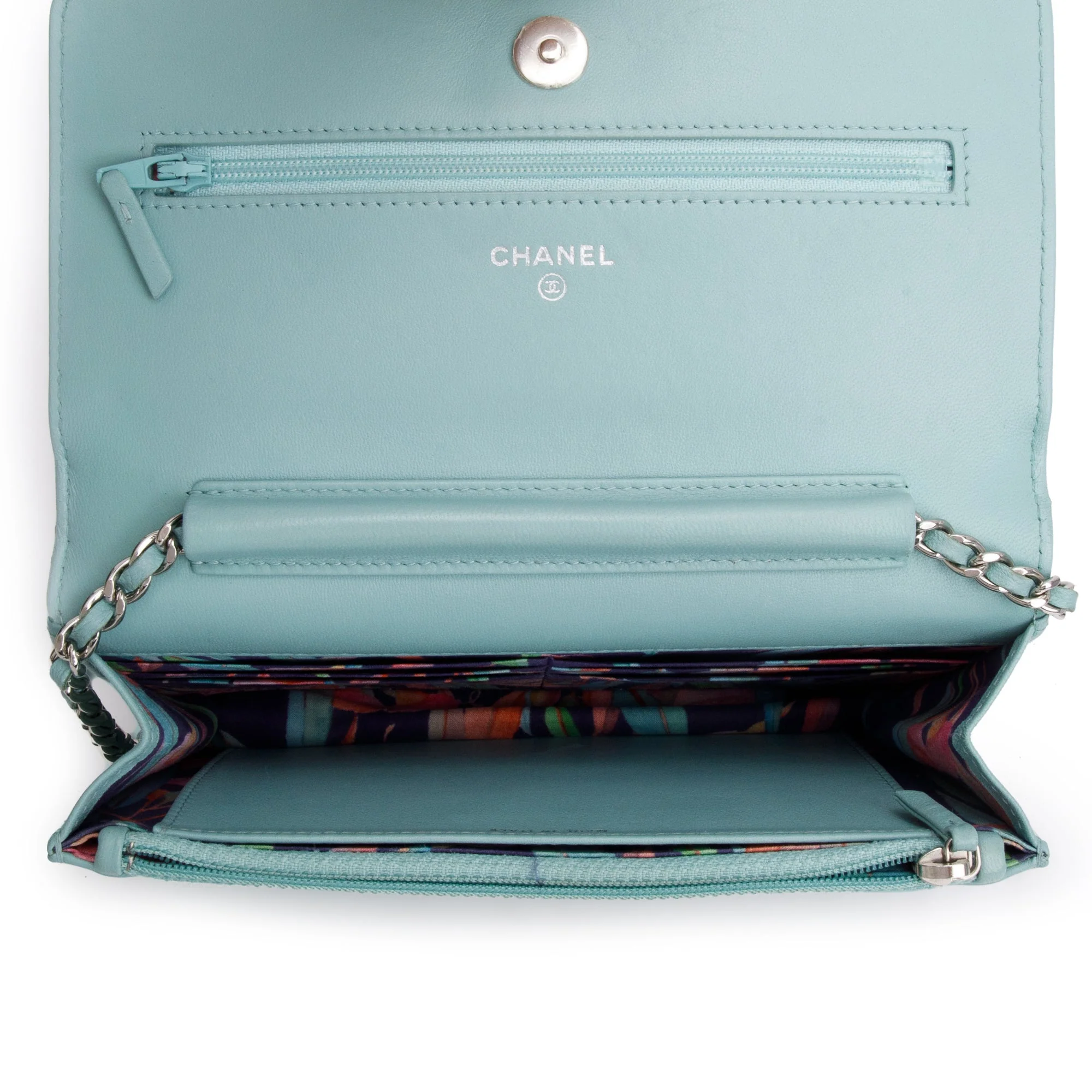Chanel Turquoise Quilted Calfskin Leather Diamond Stitch Wallet on Chain w/ Authenticity Card - Image 7