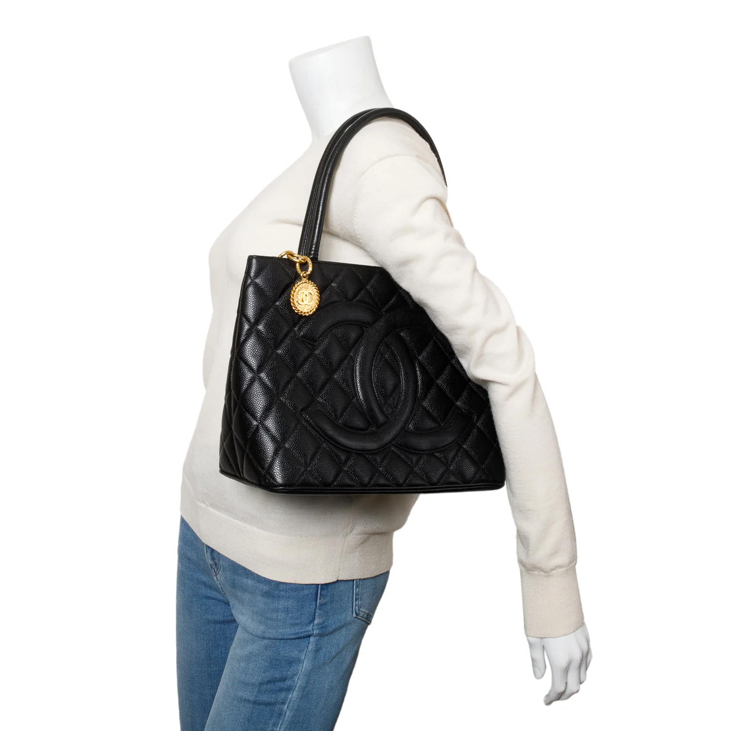 Chanel Vintage Black Caviar Leather Medallion Tote - Image 2