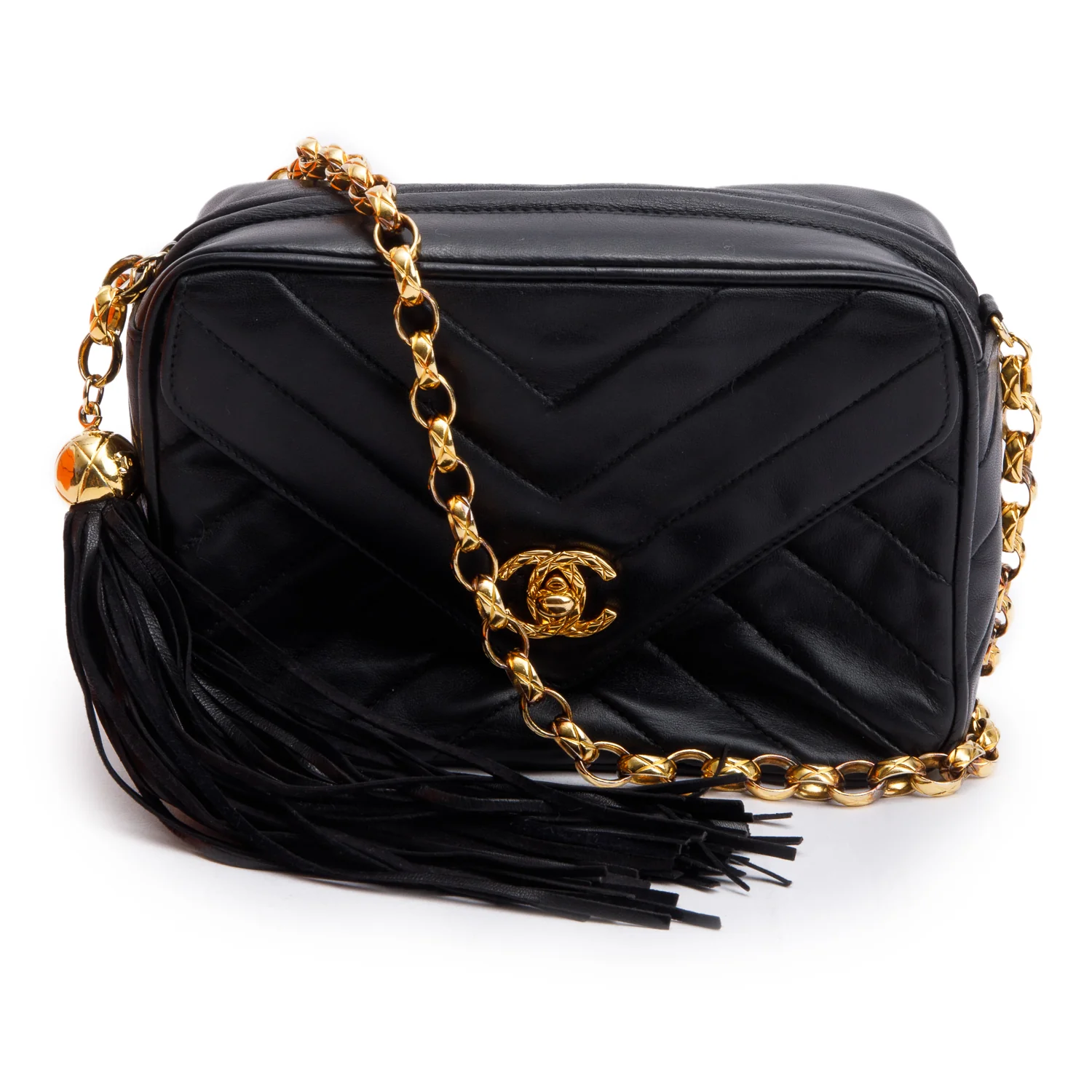 Chanel Vintage Black Chevron Lambskin Leather CC Tassel Bijoux Chain Camera Bag w/ Authenticity Card