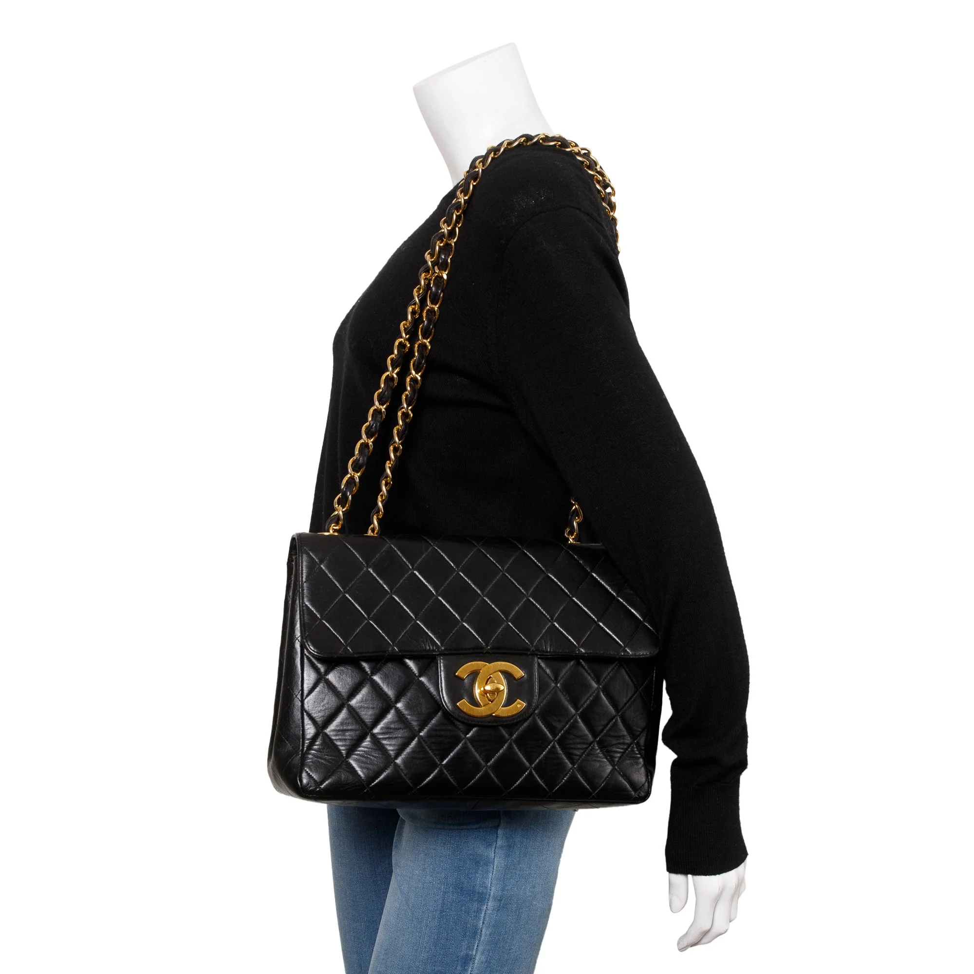 Chanel Vintage Black Quilted Lambskin Classic Jumbo Single Flap Bag - Image 2