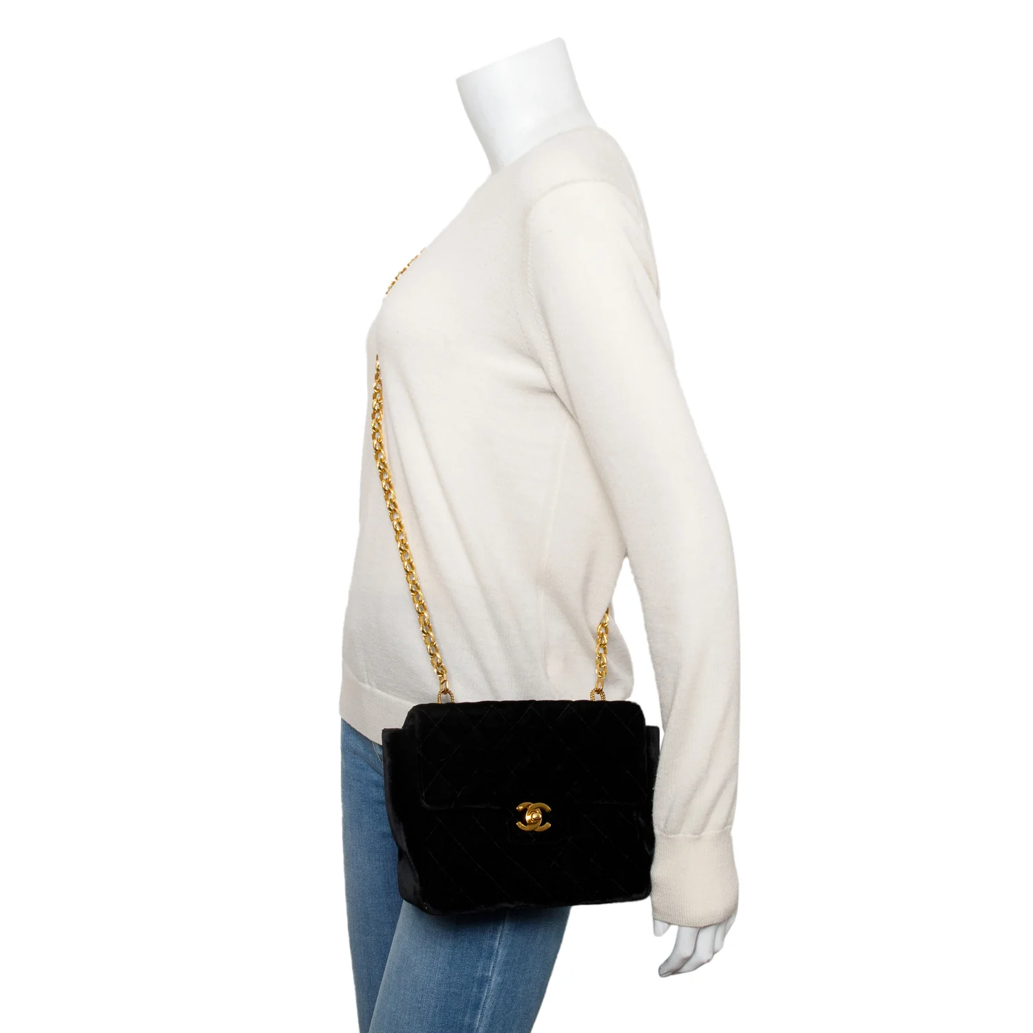 Chanel Vintage Black Quilted Velvet Small Square Single Flap Bag - Image 2