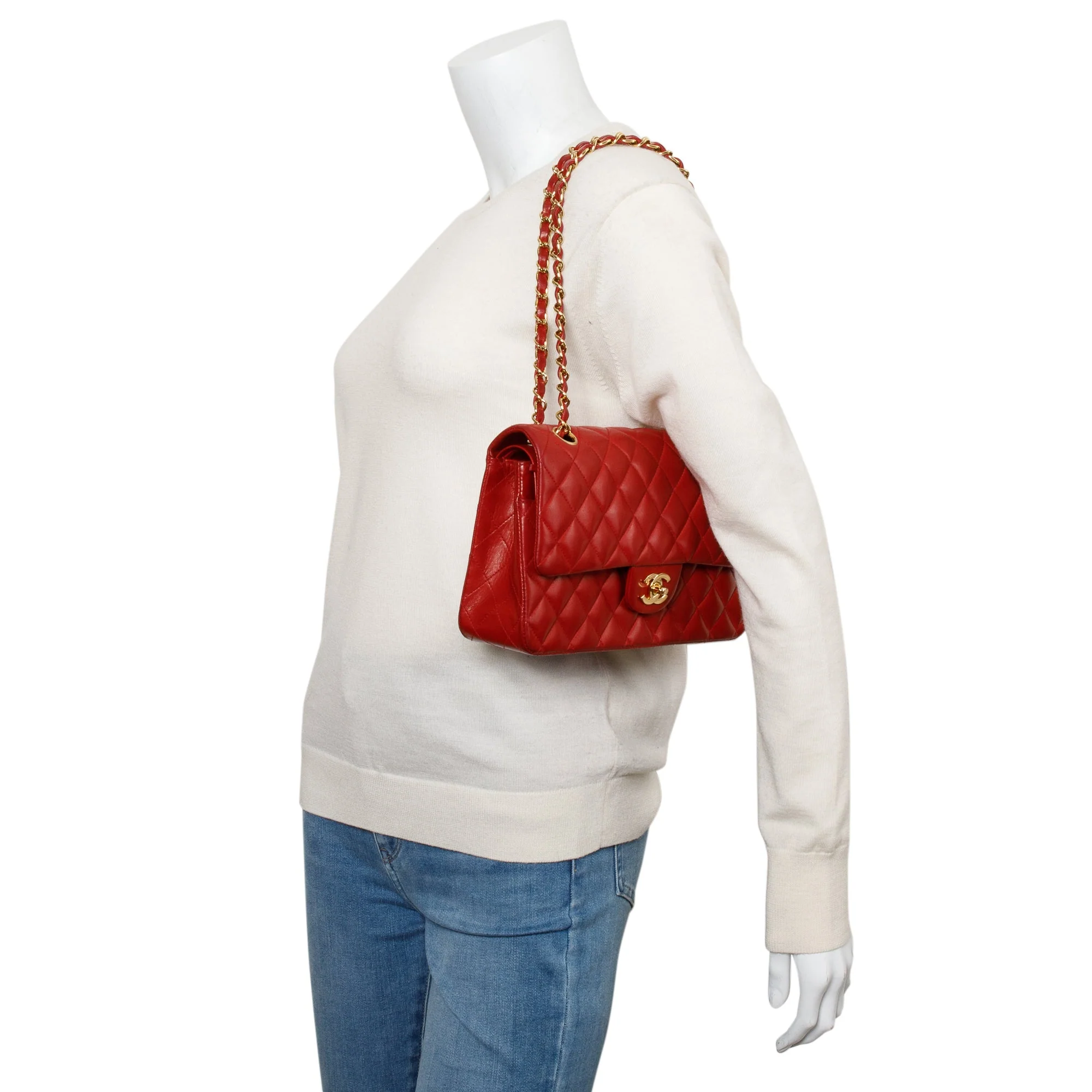 Chanel Vintage Red Quilted Lambskin Leather Classic Medium Double Flap Bag w/ Box & Authenticity Card - Image 2