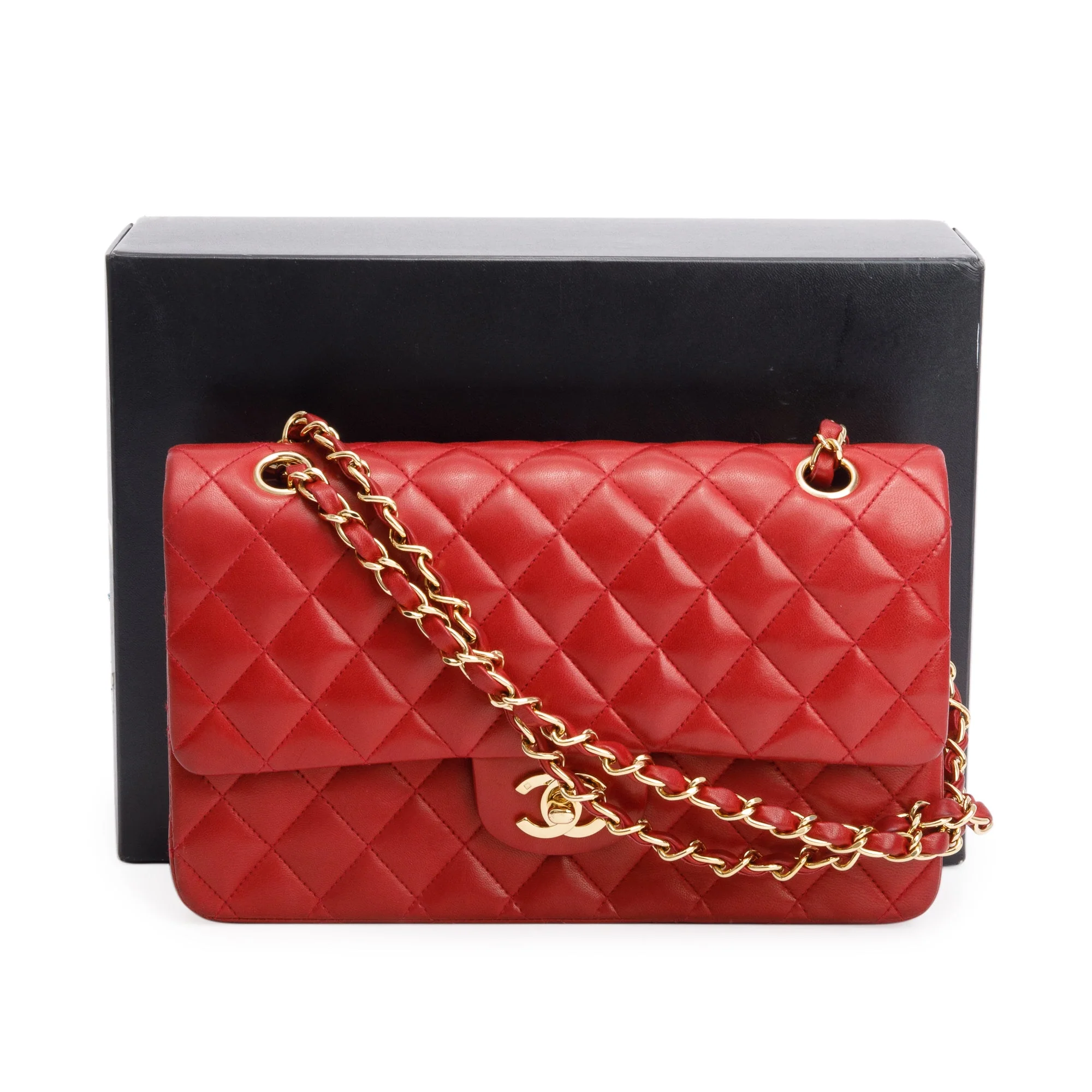 Chanel Vintage Red Quilted Lambskin Leather Classic Medium Double Flap Bag w/ Box & Authenticity Card - Image 3
