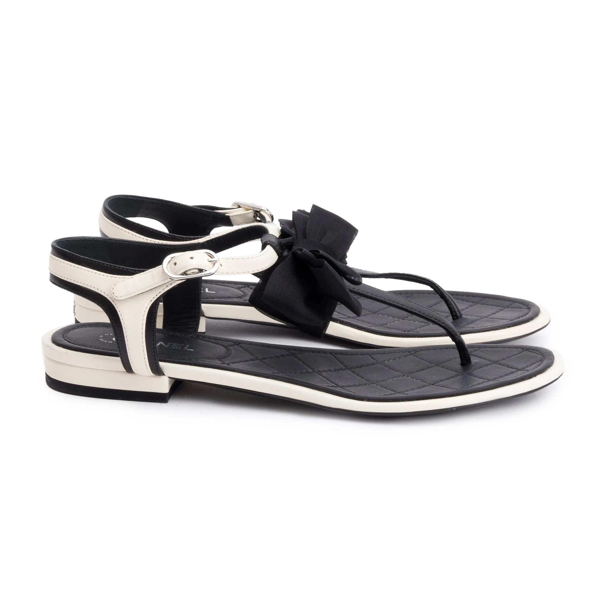 Chanel White/Black Leather Bow T-Strap Sandals, Size 36.5 w/ Box - Image 4