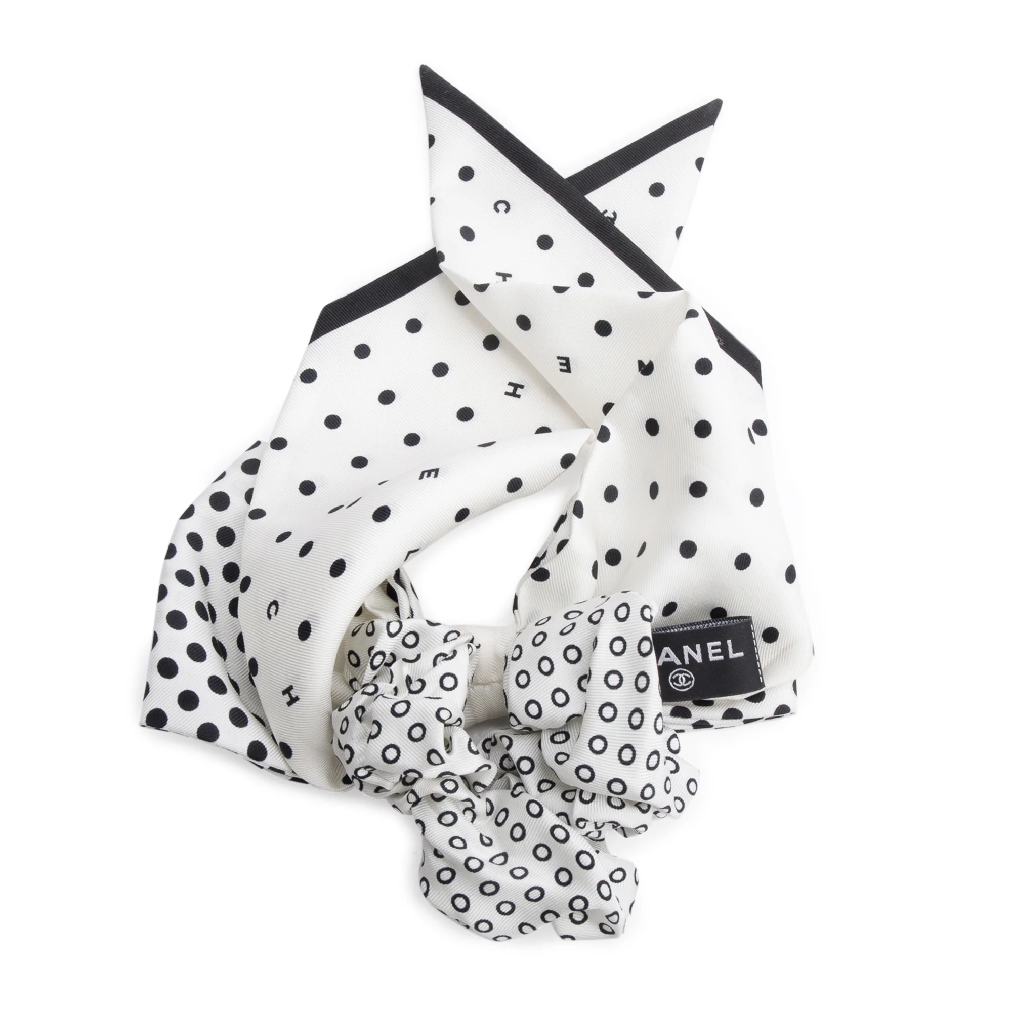 Chanel White/Black Silk CC Logo Bow Hair Scrunchie w/ Box - Image 3
