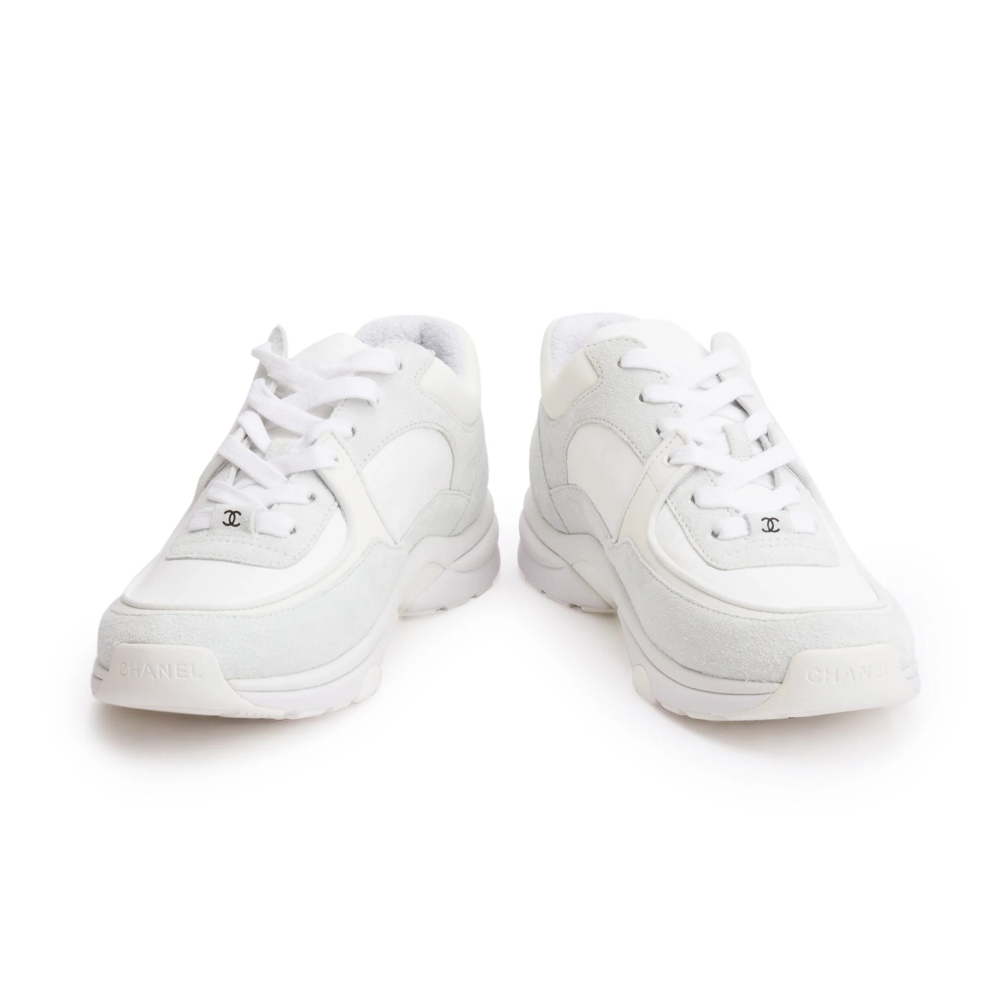 Chanel White Calfskin Nylon Suede CC Logo Sneakers, Size 37.5 w/ Box - Image 4