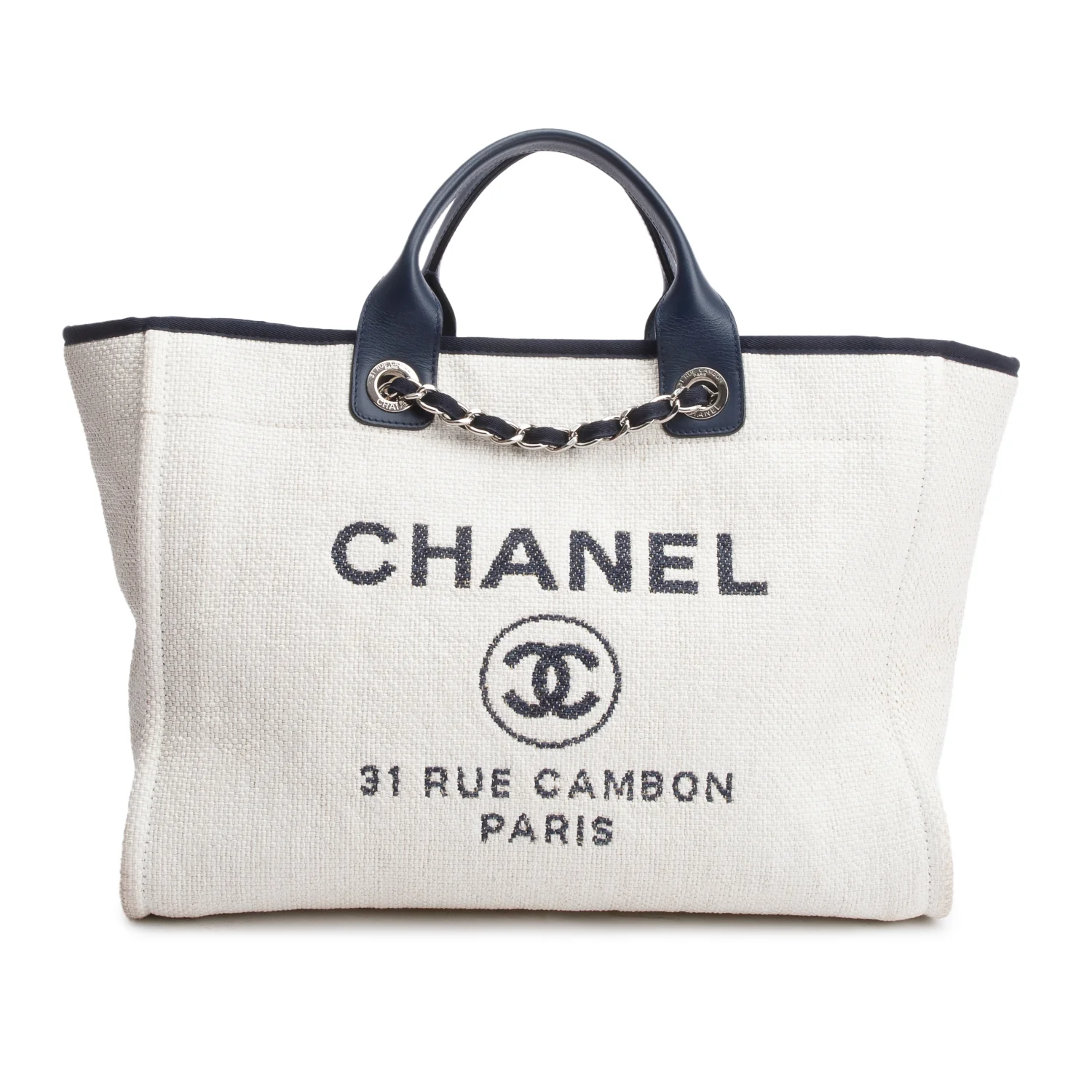 Chanel White Canvas Navy Calfskin Leather Trim Medium Deauville Shopping Tote w/ Authenticity Card - Image 2