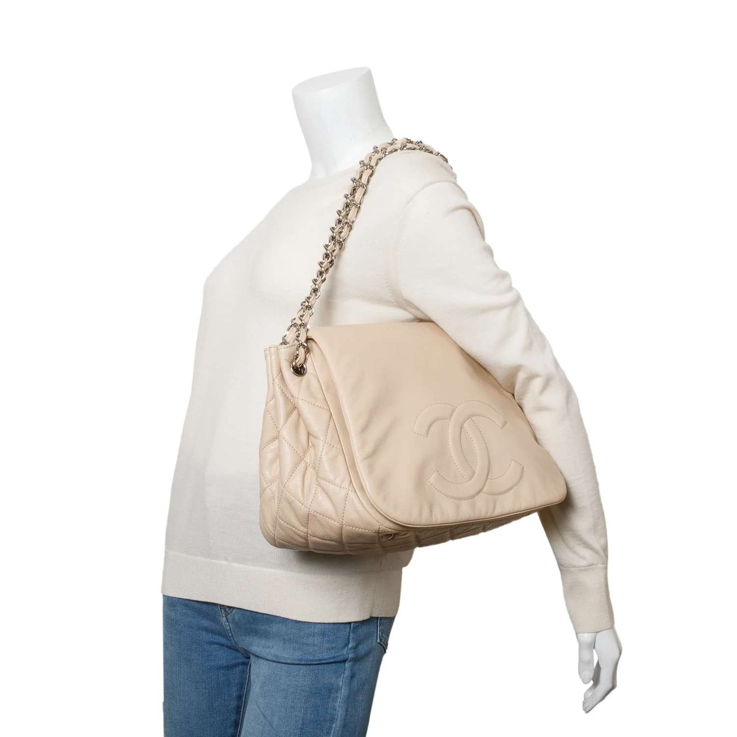 Chanel White Caviar Leather CC Timeless Accordion Flap Bag w/ Authenticity Card - Image 2