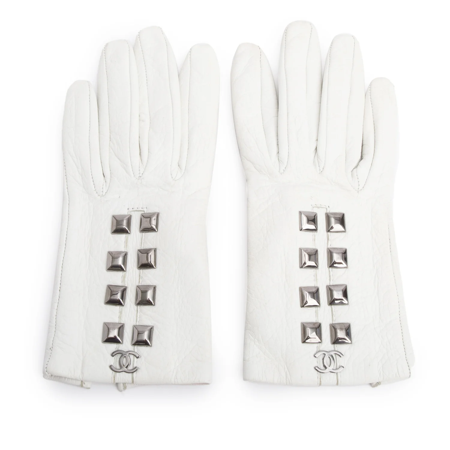 Chanel White Deerskin Leather Rockstud CC Gloves, Size 6.5
