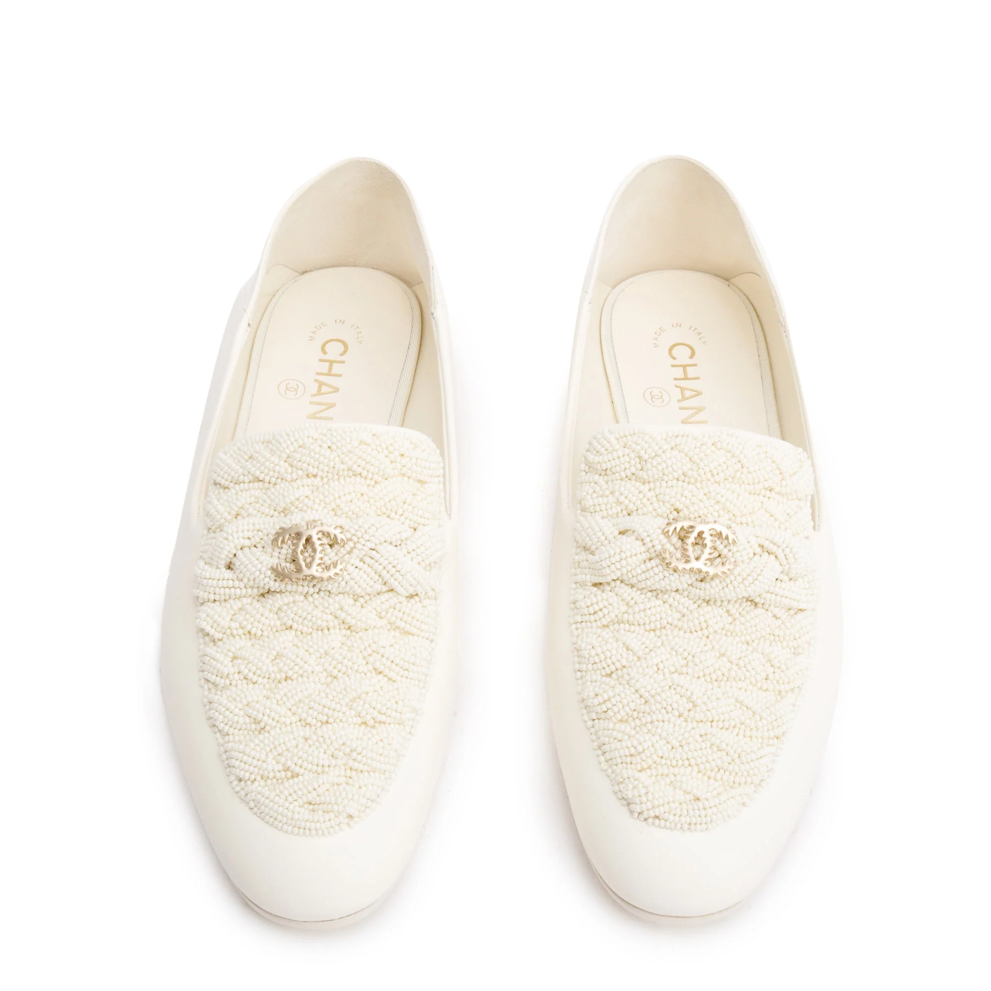 Chanel White Lambskin Leather CC Logo Beaded Loafer, Size 40 w/ Box