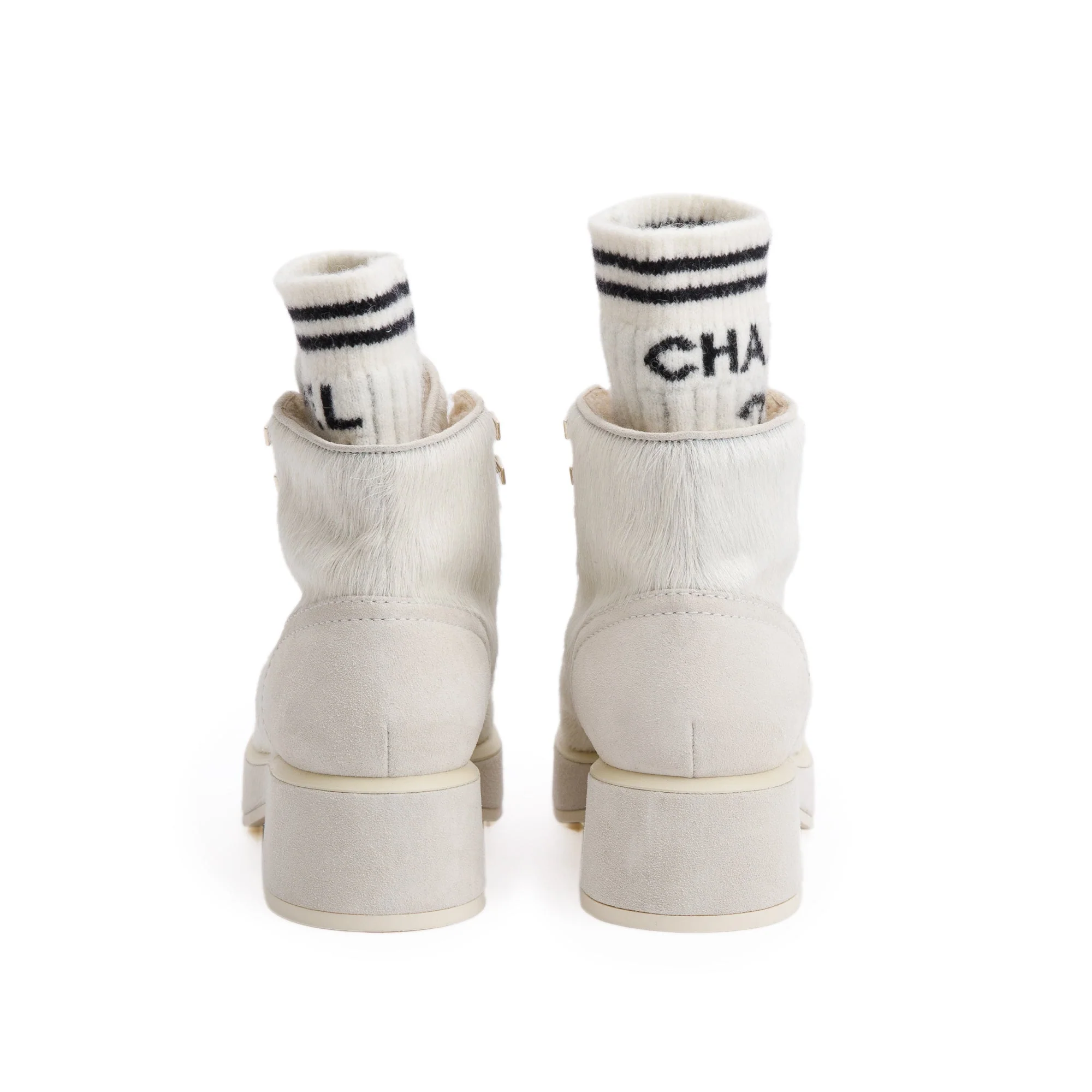 Chanel White Pony Hair Suede Interlocking CC Logo Combat Boots, Size 35.5 - Image 6