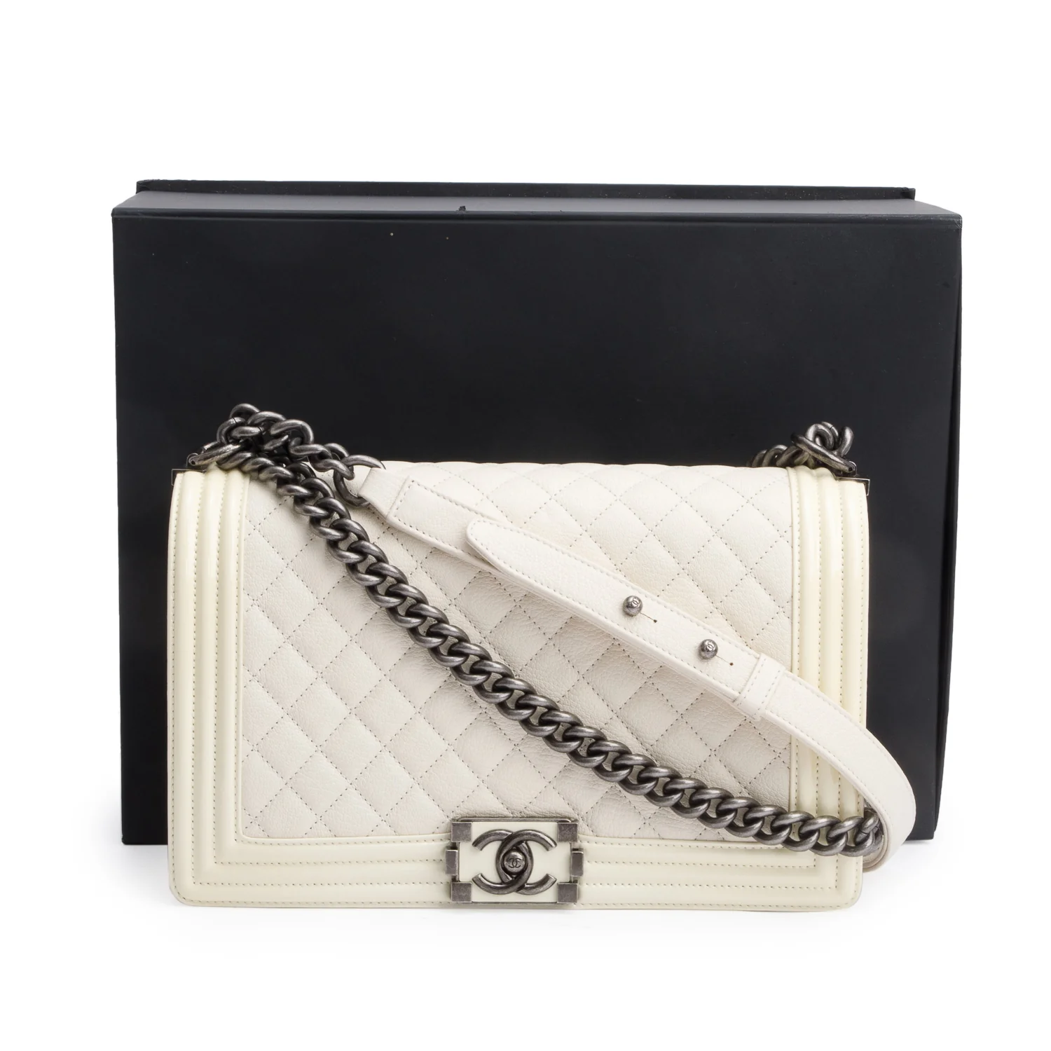 Chanel White Quilted Calfskin and Patent Leather Trim Large Boy Bag w/ Box & Receipt - Image 3