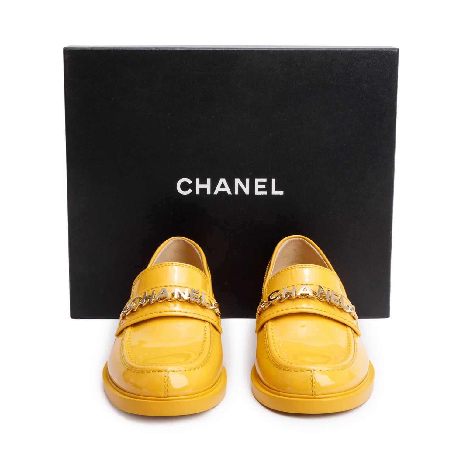 Chanel Yellow Patent Leather Chain Logo Loafer, Size 39 w/ Box - Image 2