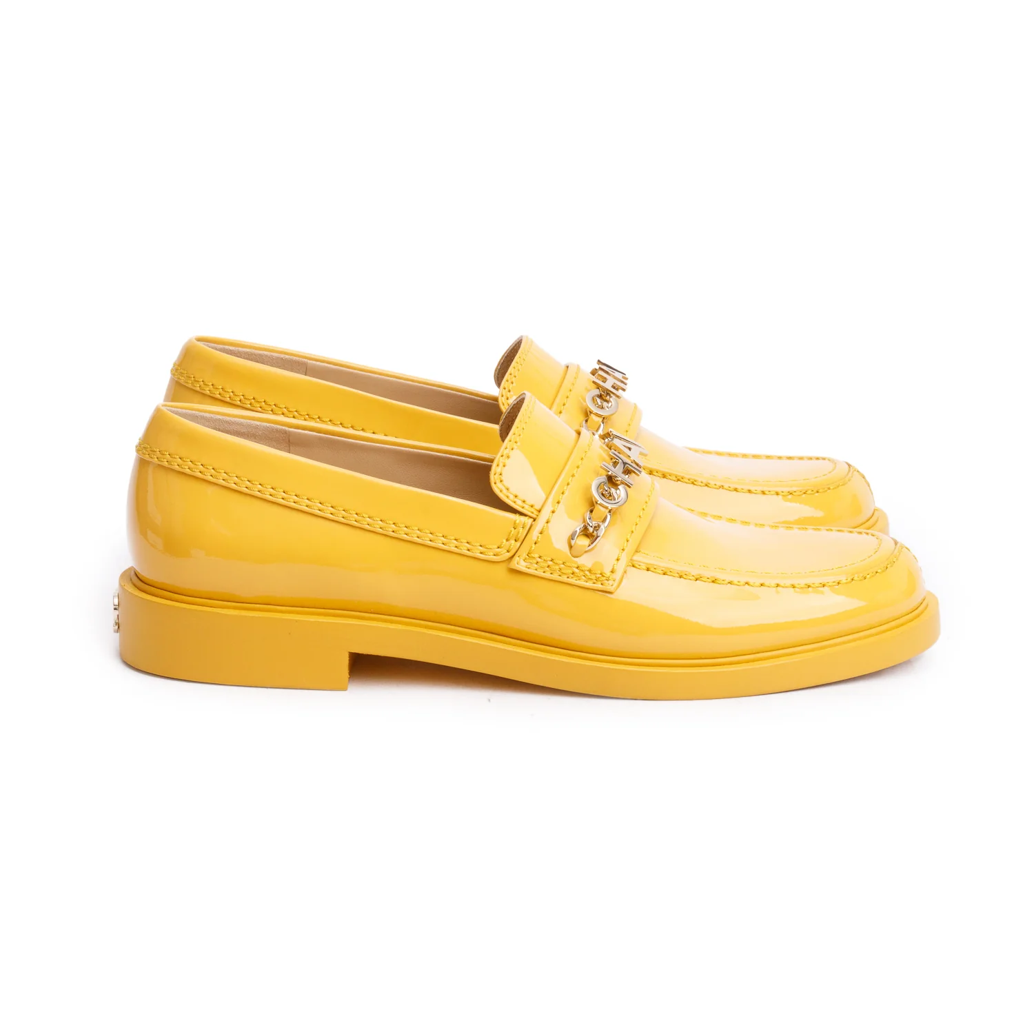 Chanel Yellow Patent Leather Chain Logo Loafer, Size 39 w/ Box - Image 3