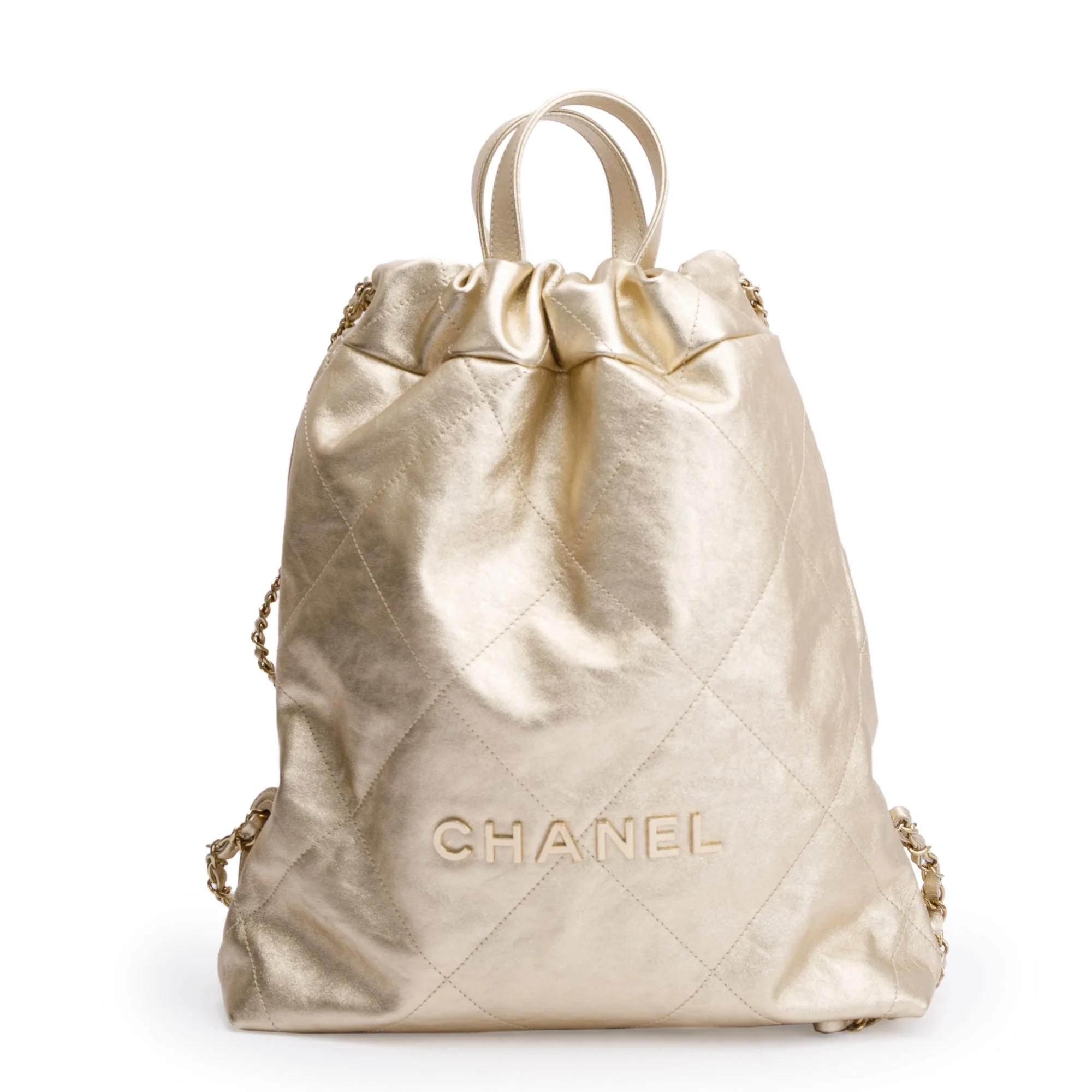 Channel 2024 Gold Metallic Calfskin Leather 22 Backpack w/ Box