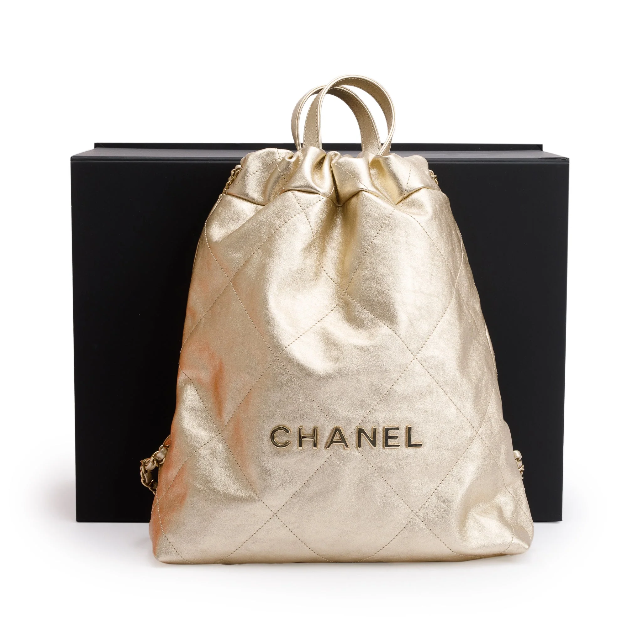 Channel 2024 Gold Metallic Calfskin Leather 22 Backpack w/ Box - Image 3