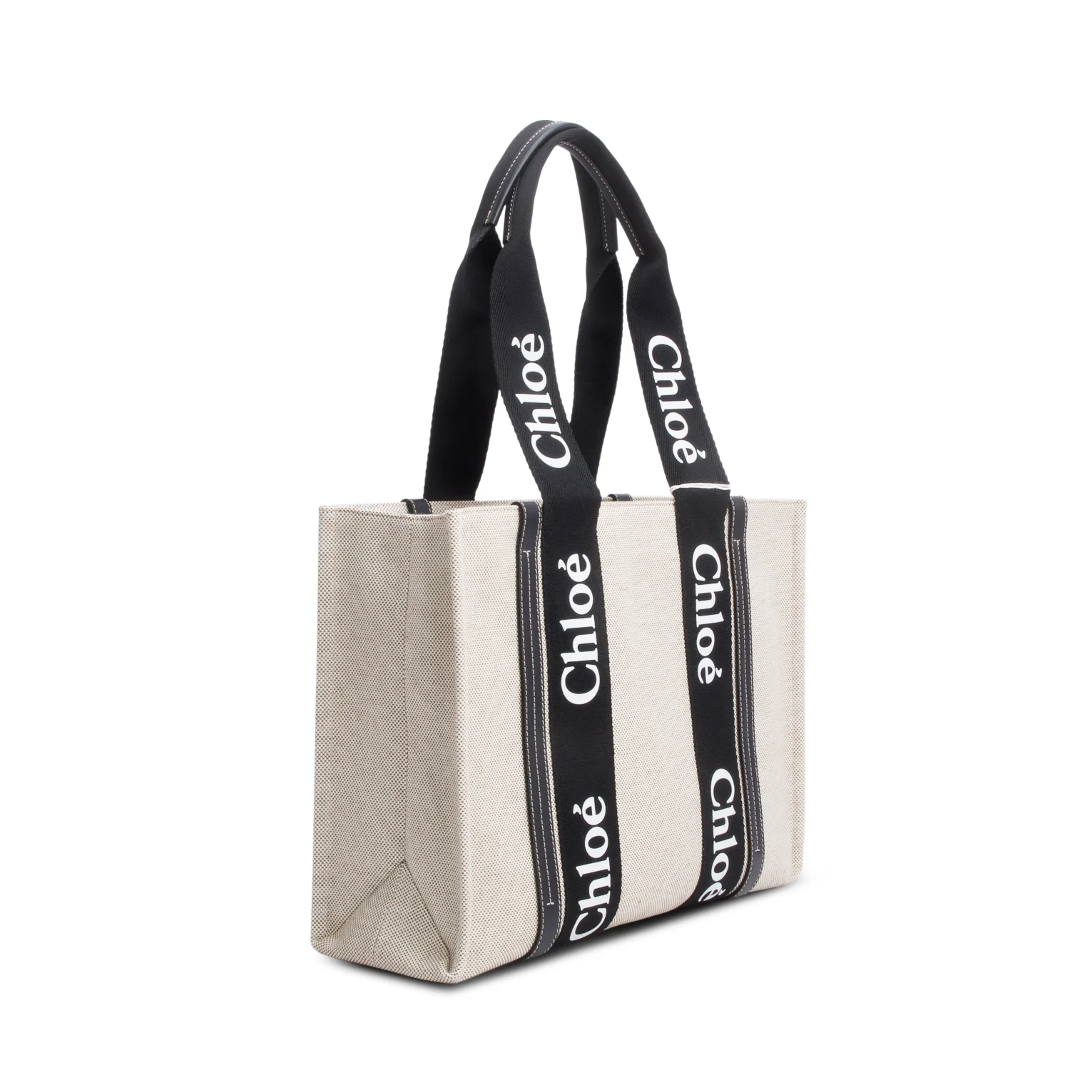 Chloe 2022 Beige/Black Cotton Calfskin Canvas Medium Woody Shopping Tote - Image 3