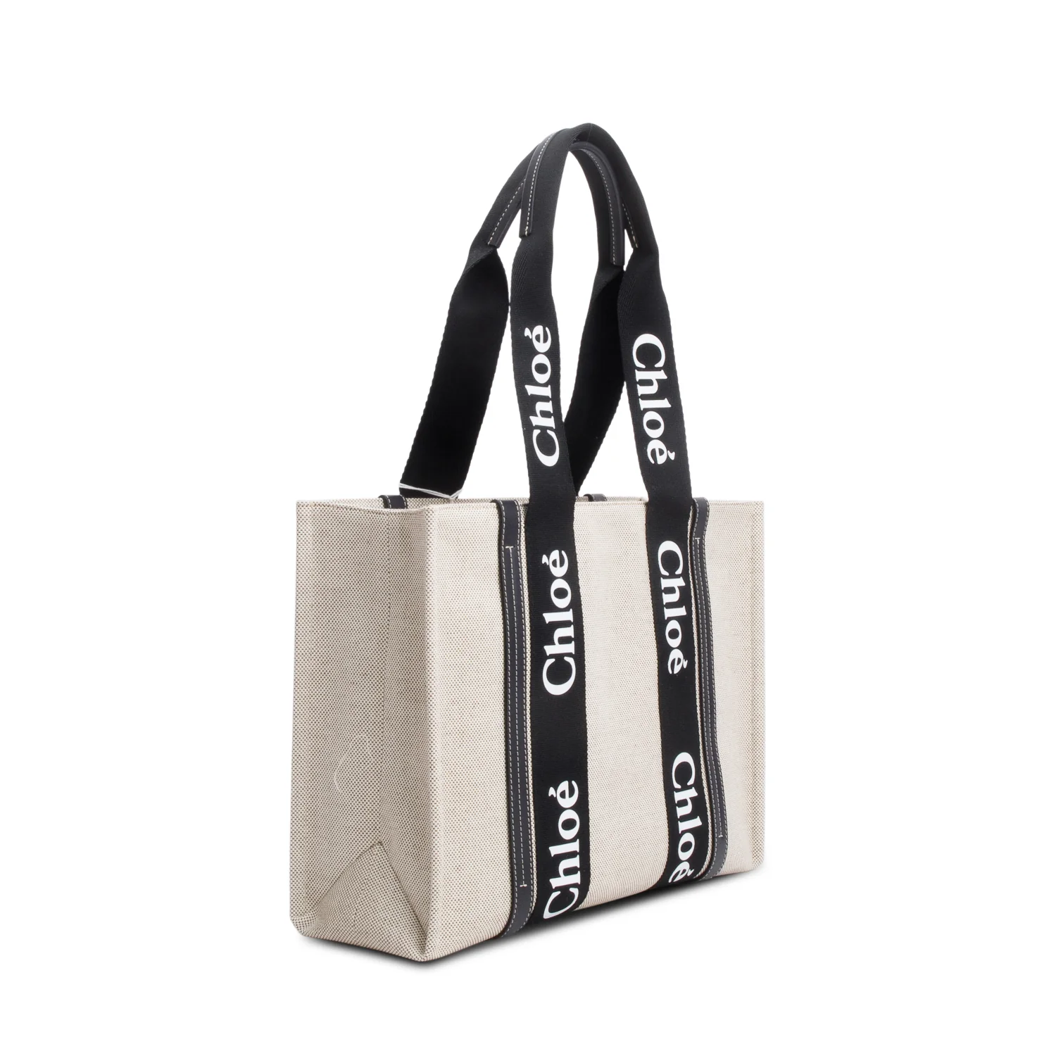 Chloe 2022 Beige/Black Cotton Calfskin Canvas Medium Woody Shopping Tote - Image 5