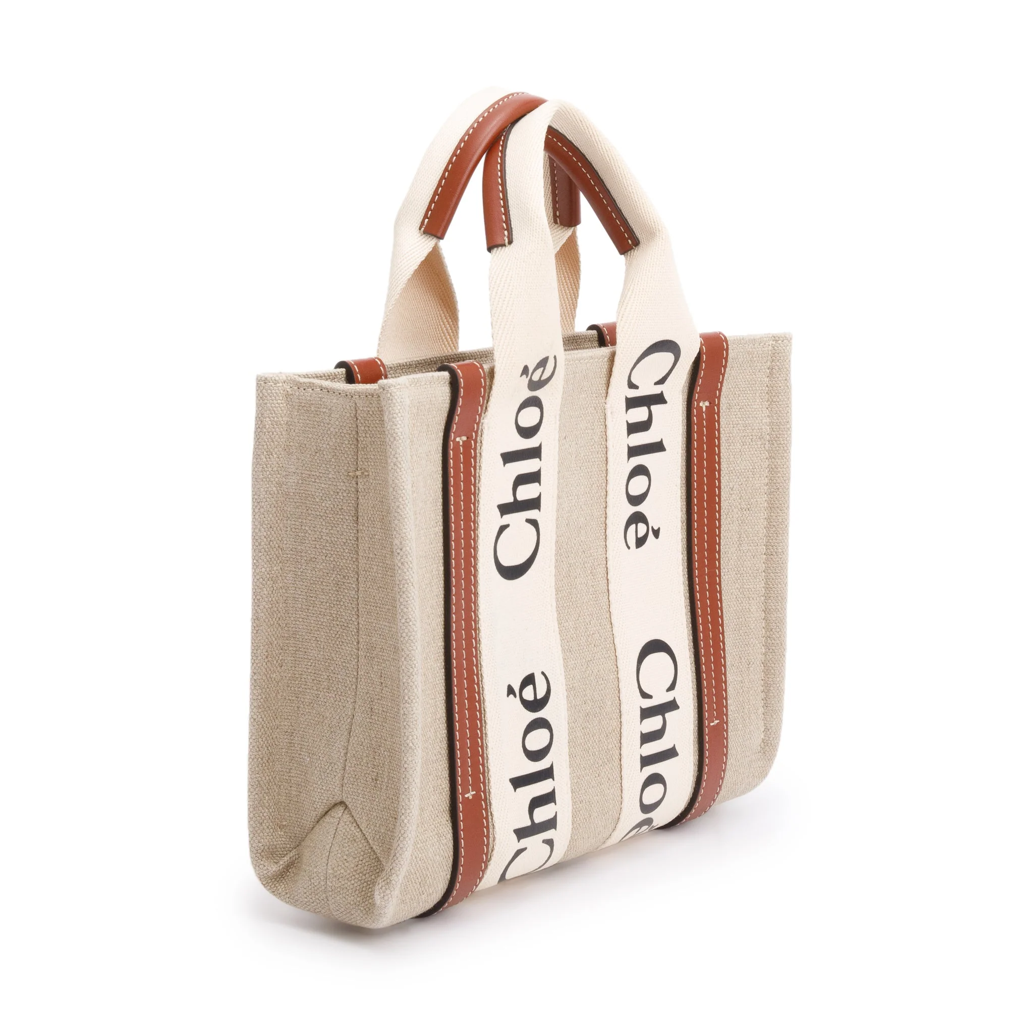 Chloe Brown/White Linen Calfskin Small Woody Ribbon Tote w/ Strap - Image 4