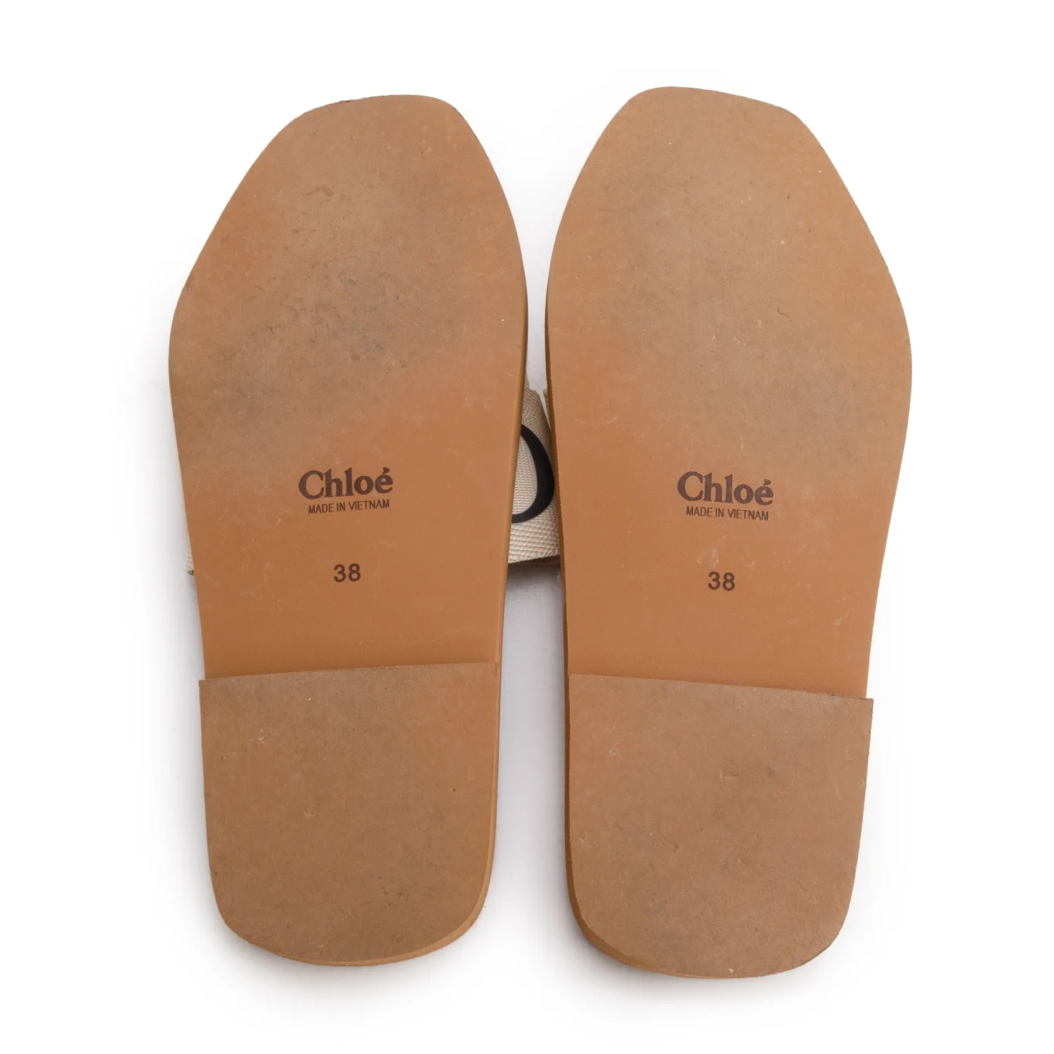 Chloe Leather Trimmed Neutral Linen Logo Woody Slide Sandals, Size 38 w/ Box - Image 6