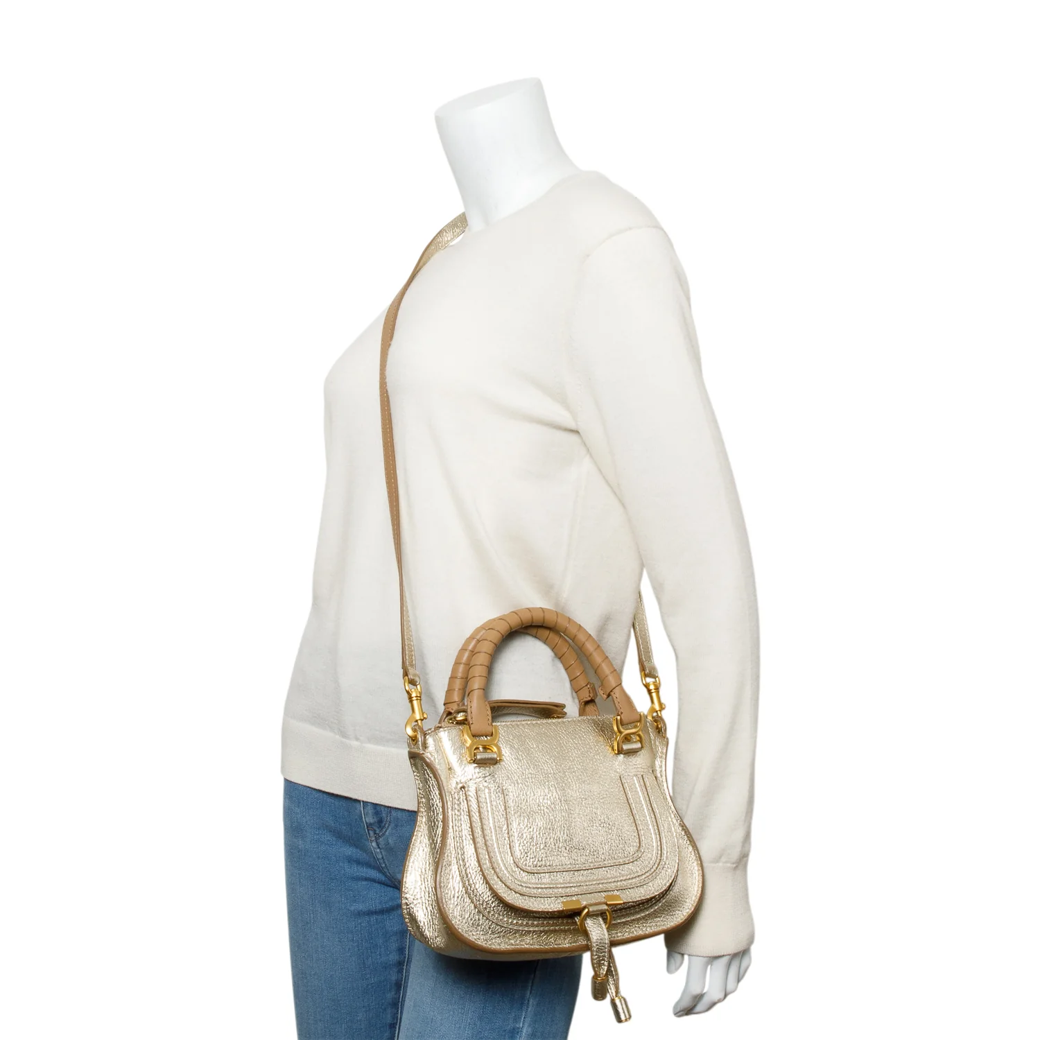 Chloe Metallic Gold Calfskin Leather Mini Marcie Shoulder Bag w/ Strap - Image 2