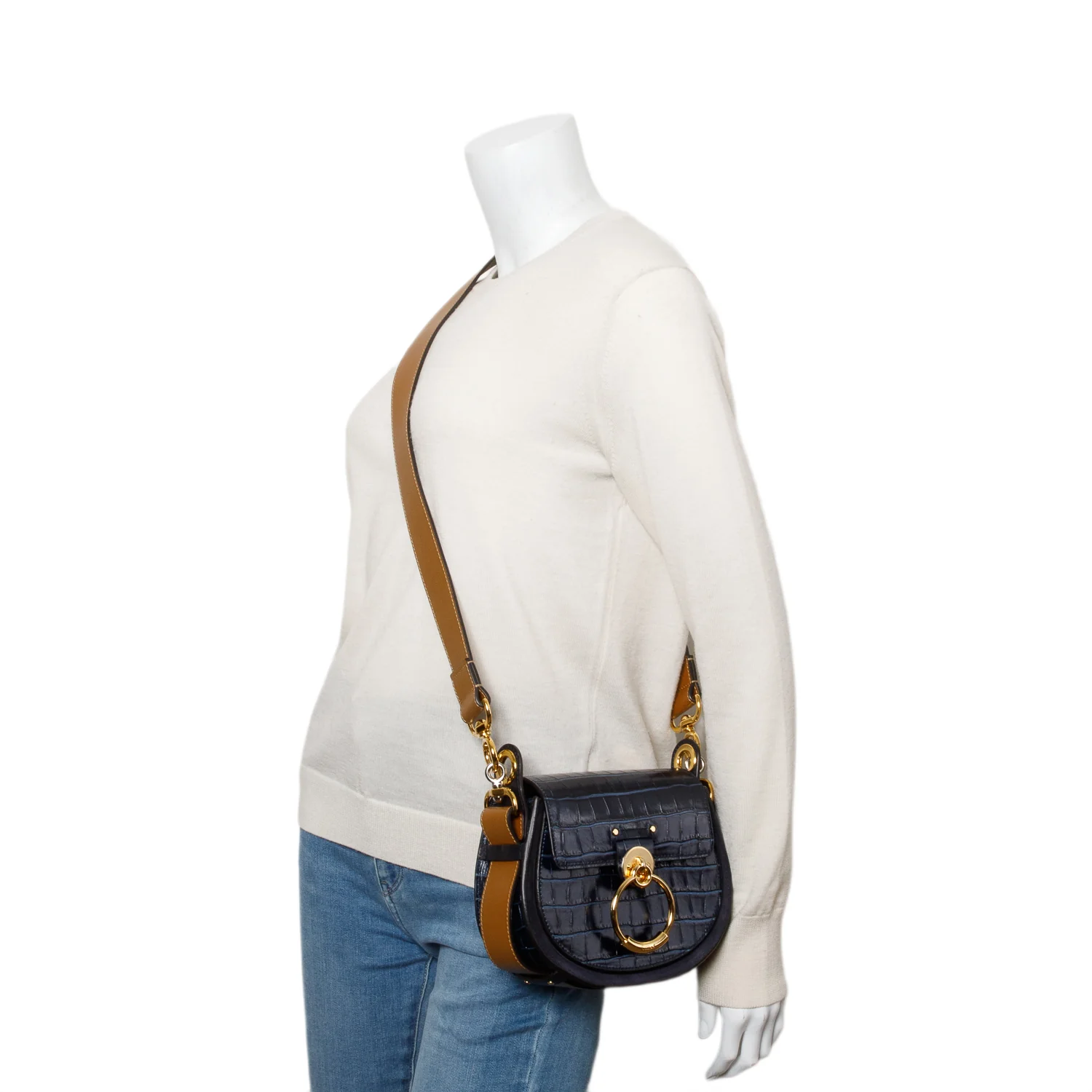 Chloe Navy Calfskin Croc Embossed Small Tess Bag w/ Strap - Image 2