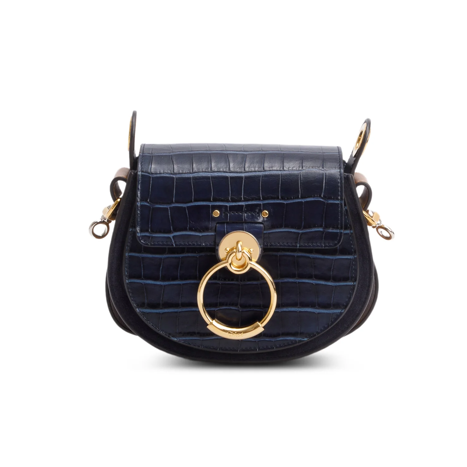 Chloe Navy Calfskin Croc Embossed Small Tess Bag w/ Strap - Image 3