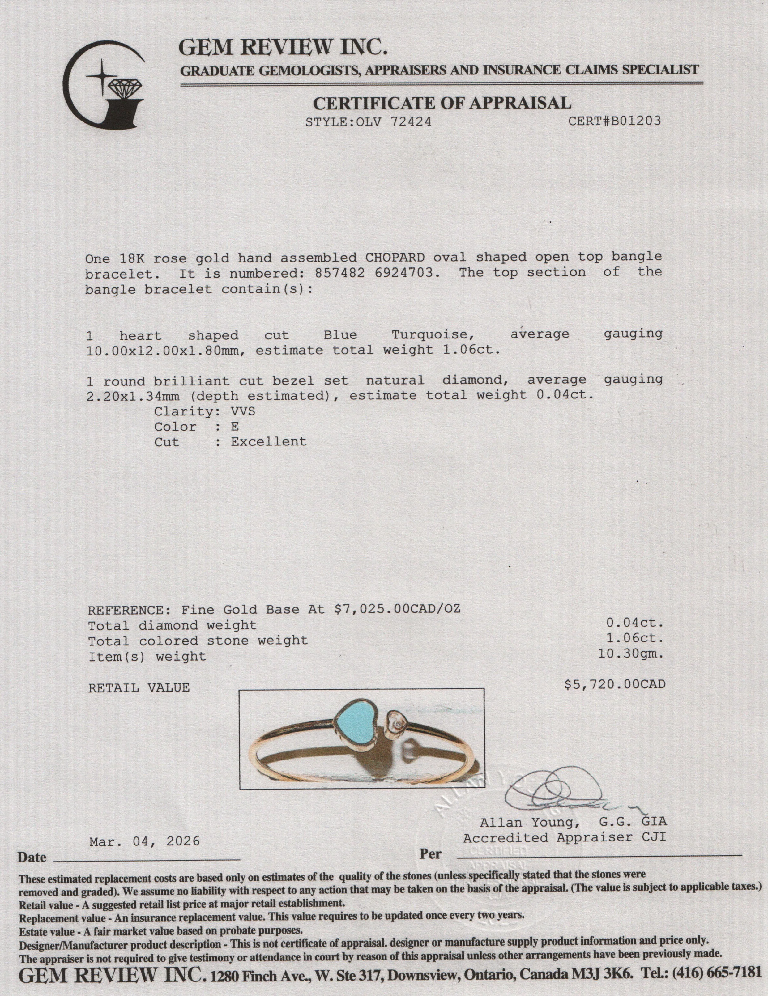 Chopard 18k Rose Gold Diamond & Turquoise Happy Hearts Bangle - Image 4