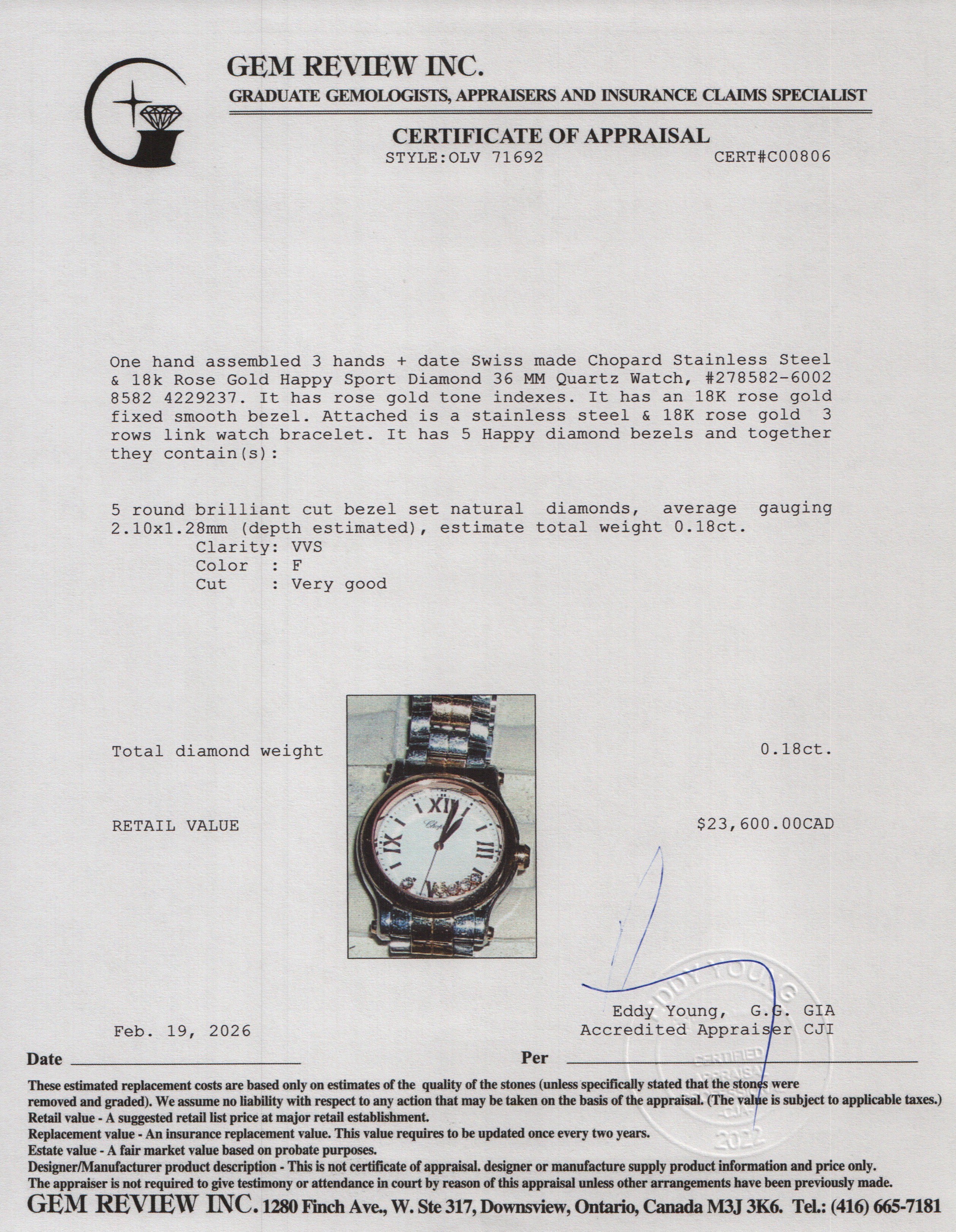 Chopard Stainless Steel & 18k Rose Gold Happy Sport Diamond 36 MM Quartz Watch w/ Box & Papers - Image 6