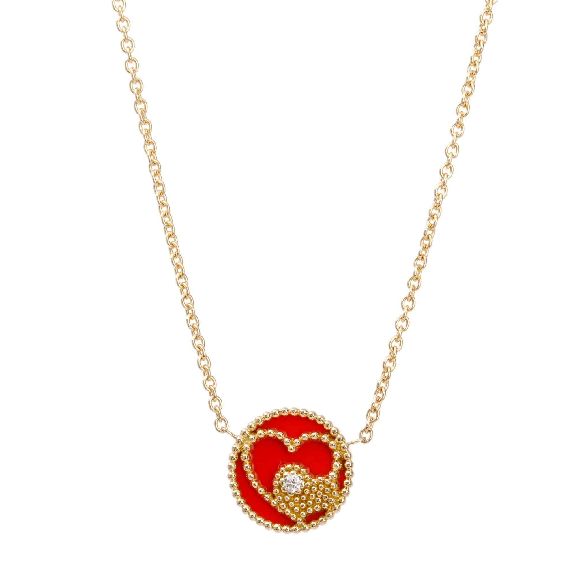Christian Dior 18k Yellow Gold Diamond Red Ceramic Rose Des Vents Heart Motif Pendant Necklace - Image 8