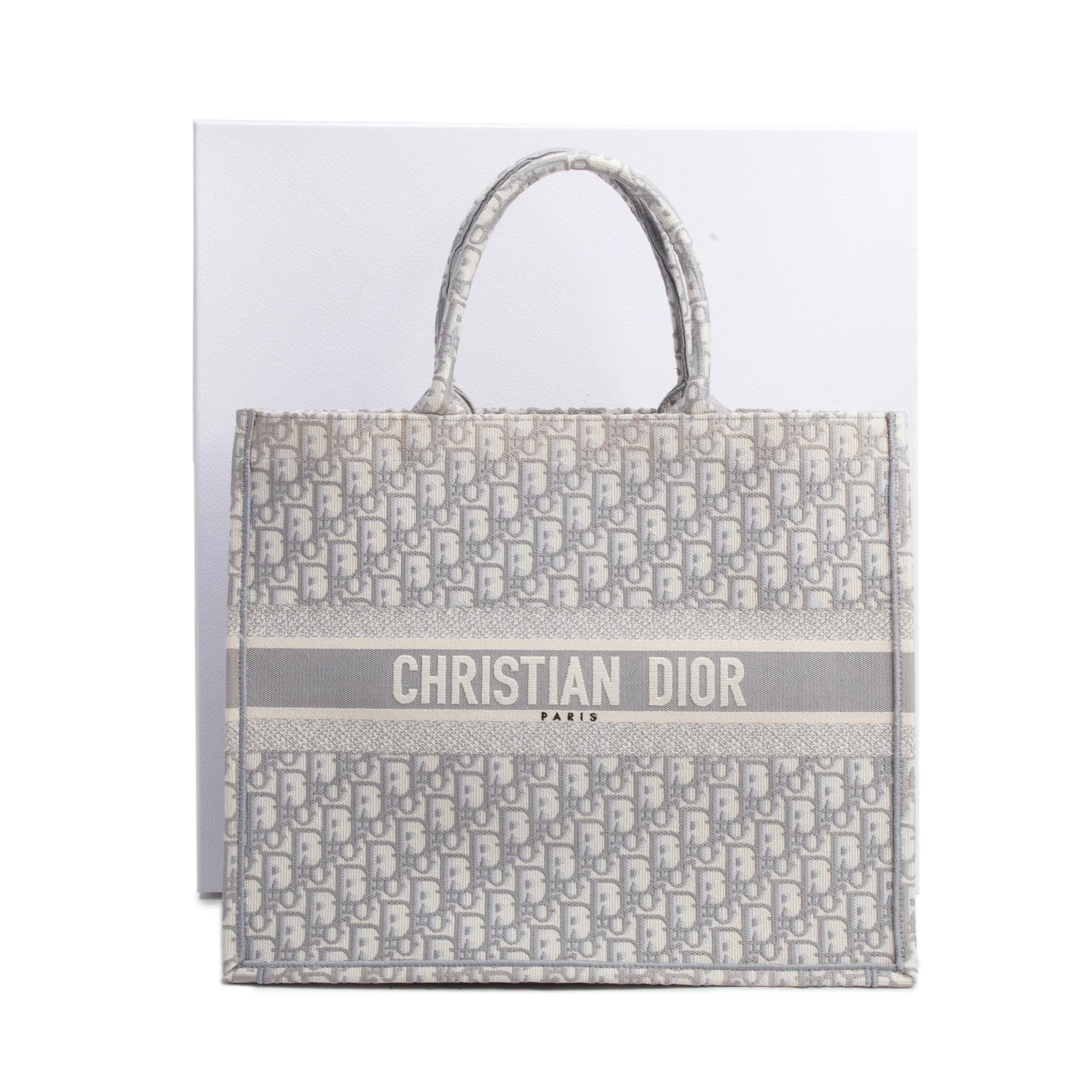 Christian Dior 2020 Grey & Neutral Dior Oblique Embroidery Large Book Tote w/ Box - Image 2