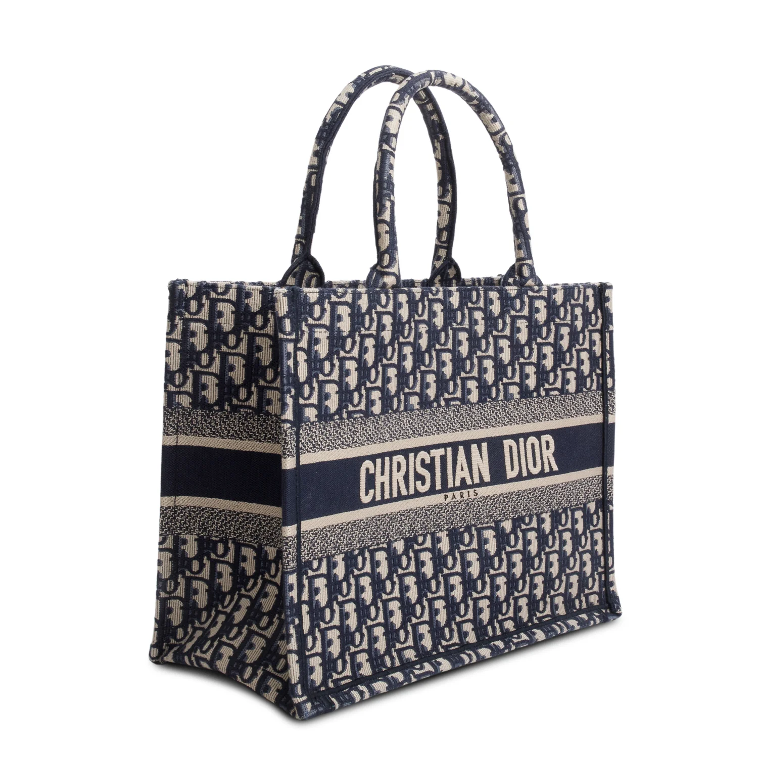 Christian Dior 2021 Ecru and Blue Oblique Embroidery Medium Book Tote - Image 2