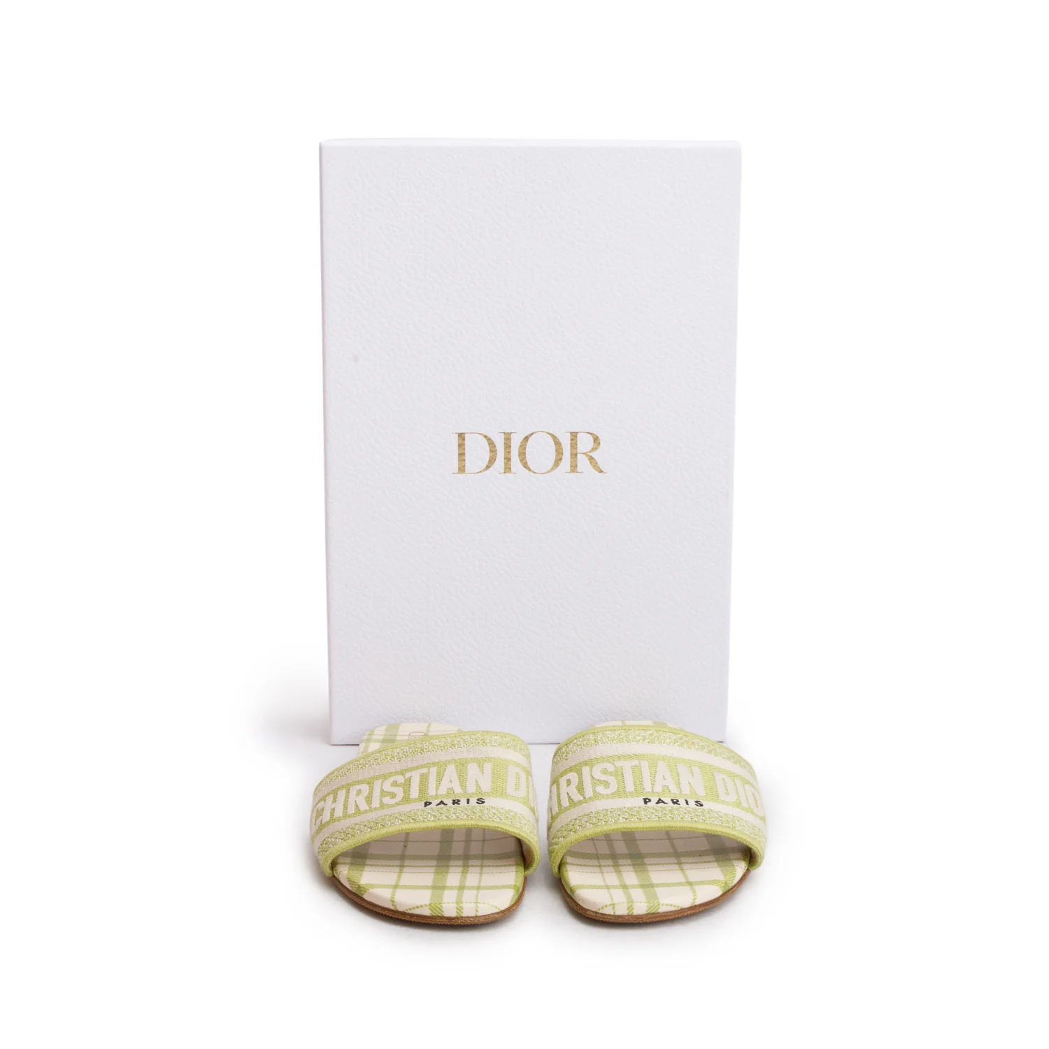 Christian Dior 2021 Green Canvas Check'N'Dior Pop Embroidered Dway Flat Slide Sandals, Women's Size 36.5 w/ Box - Image 2