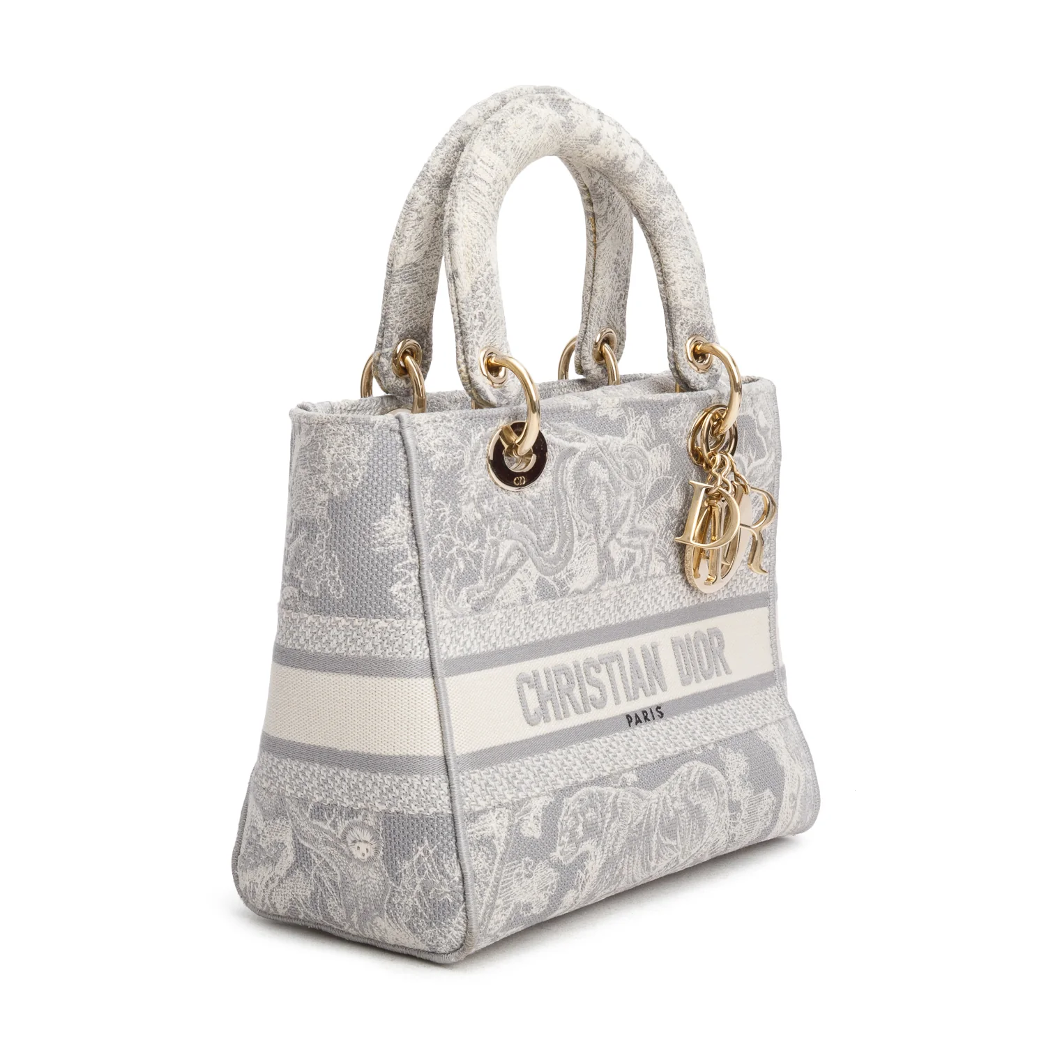 Christian Dior 2021 Grey Canvas Toile de Jouy Embroidered Medium Lady D-Lite w/ Strap - Image 4