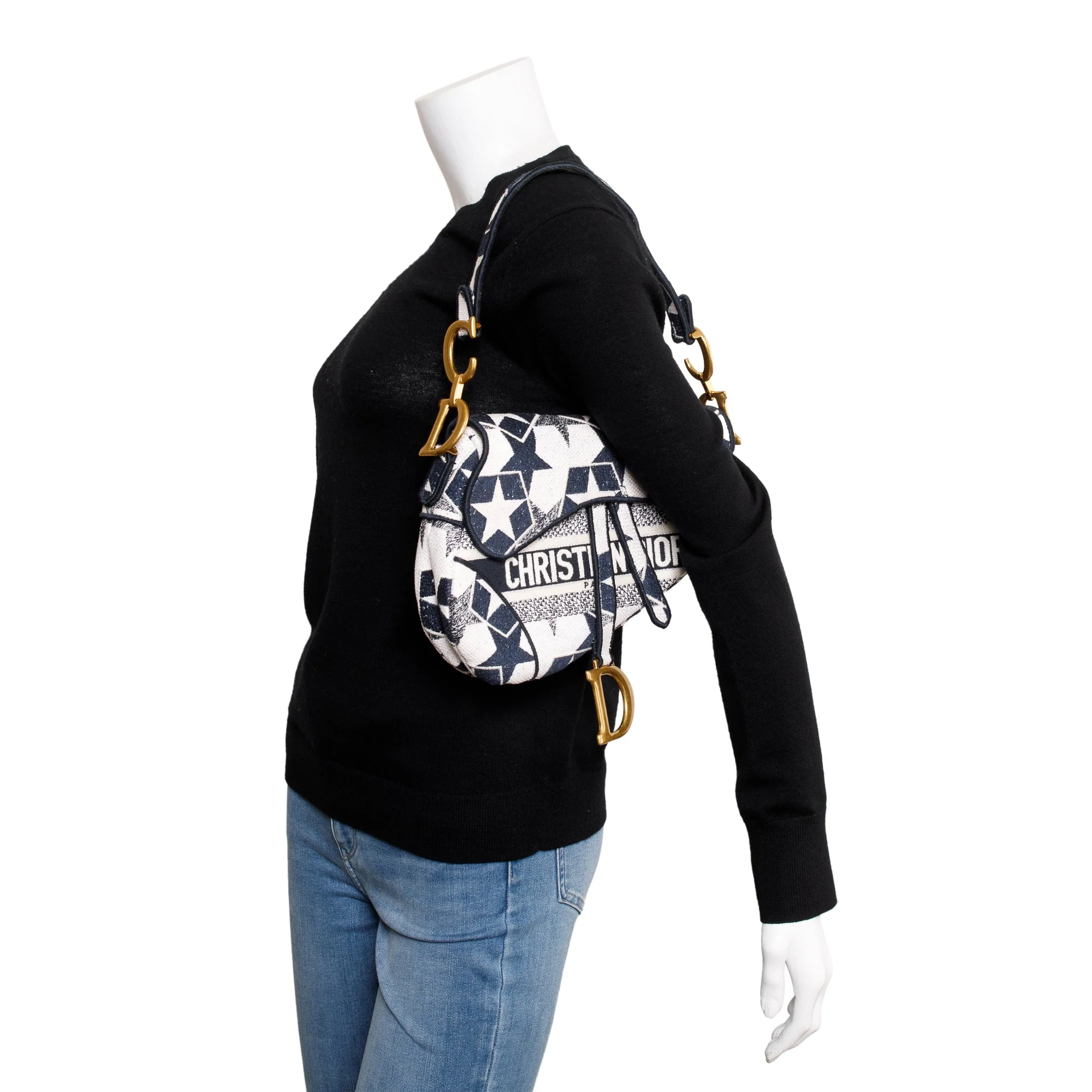 Christian Dior 2021 Navy & White Stars Embroidered Medium Saddle Bag w/ Box, Receipt & Authenticity Card - Image 2