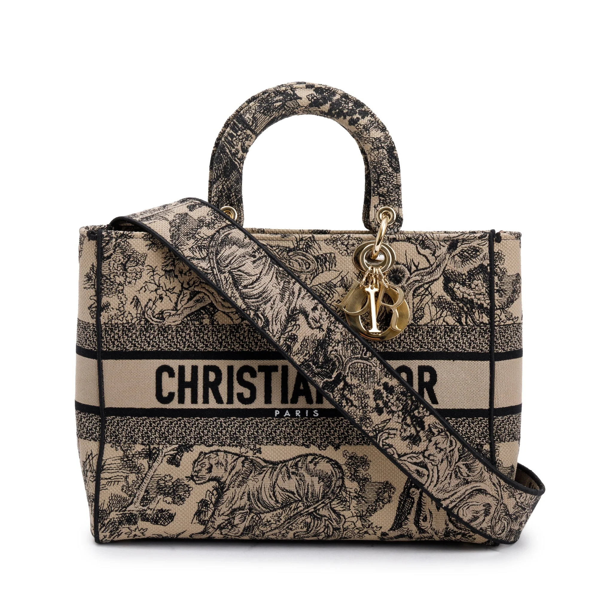 Christian Dior 2022 Beige & Black Toile De Jouy Soleil Embroidery Medium Lady D-Lite Bag w/ Strap & Box - Image 2