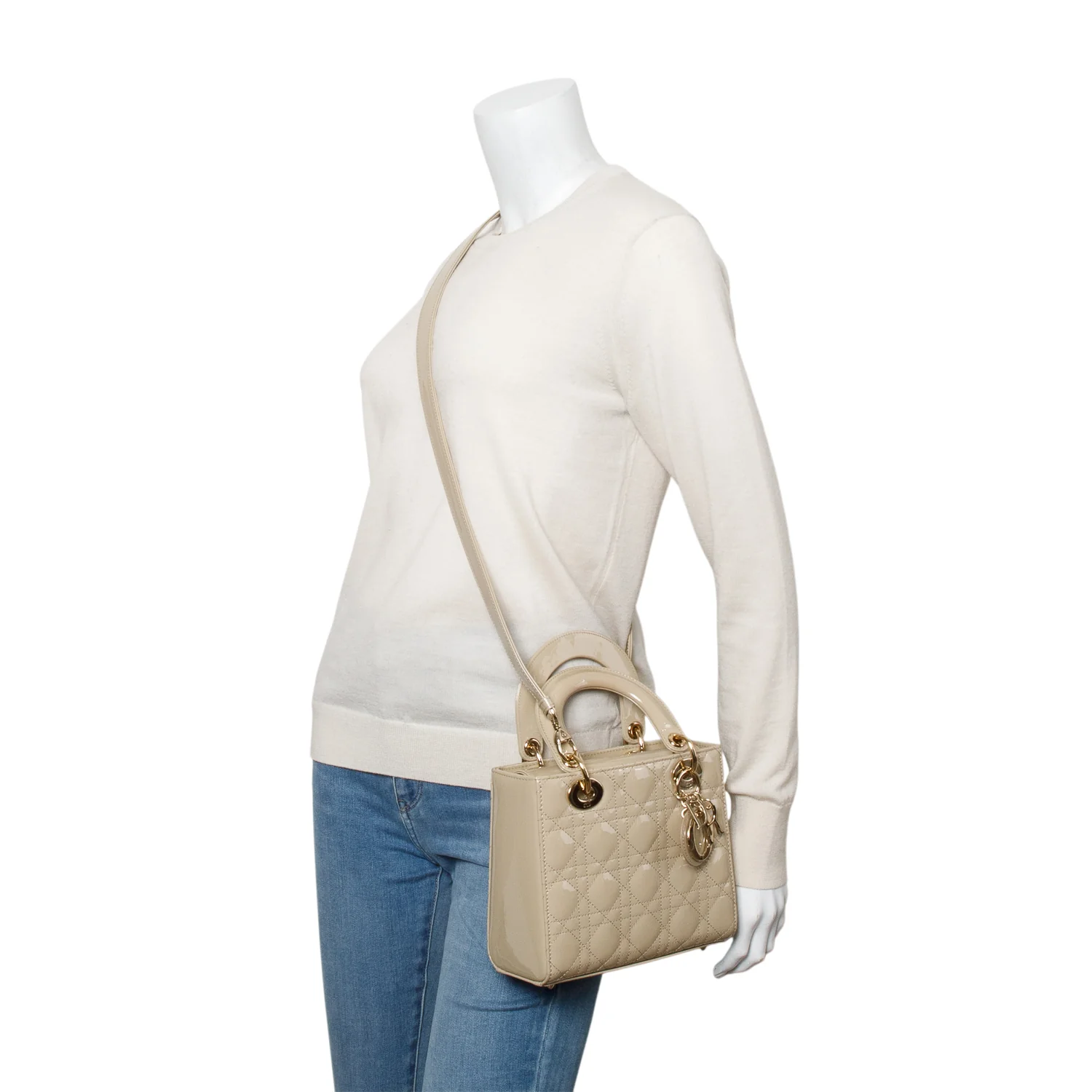 Christian Dior 2022 Beige Patent Cannage Leather Small Lady Dior w/ Strap - Image 2