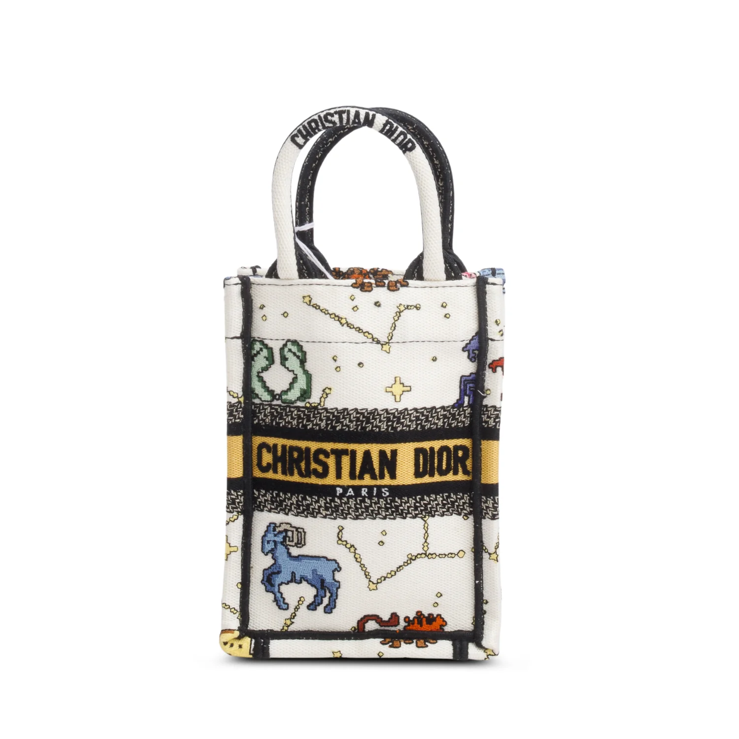 Christian Dior 2022 Cream Canvas Embroidered Pixel Zodiac Mini Book Tote Phone Bag w/ Strap & Box - Image 4