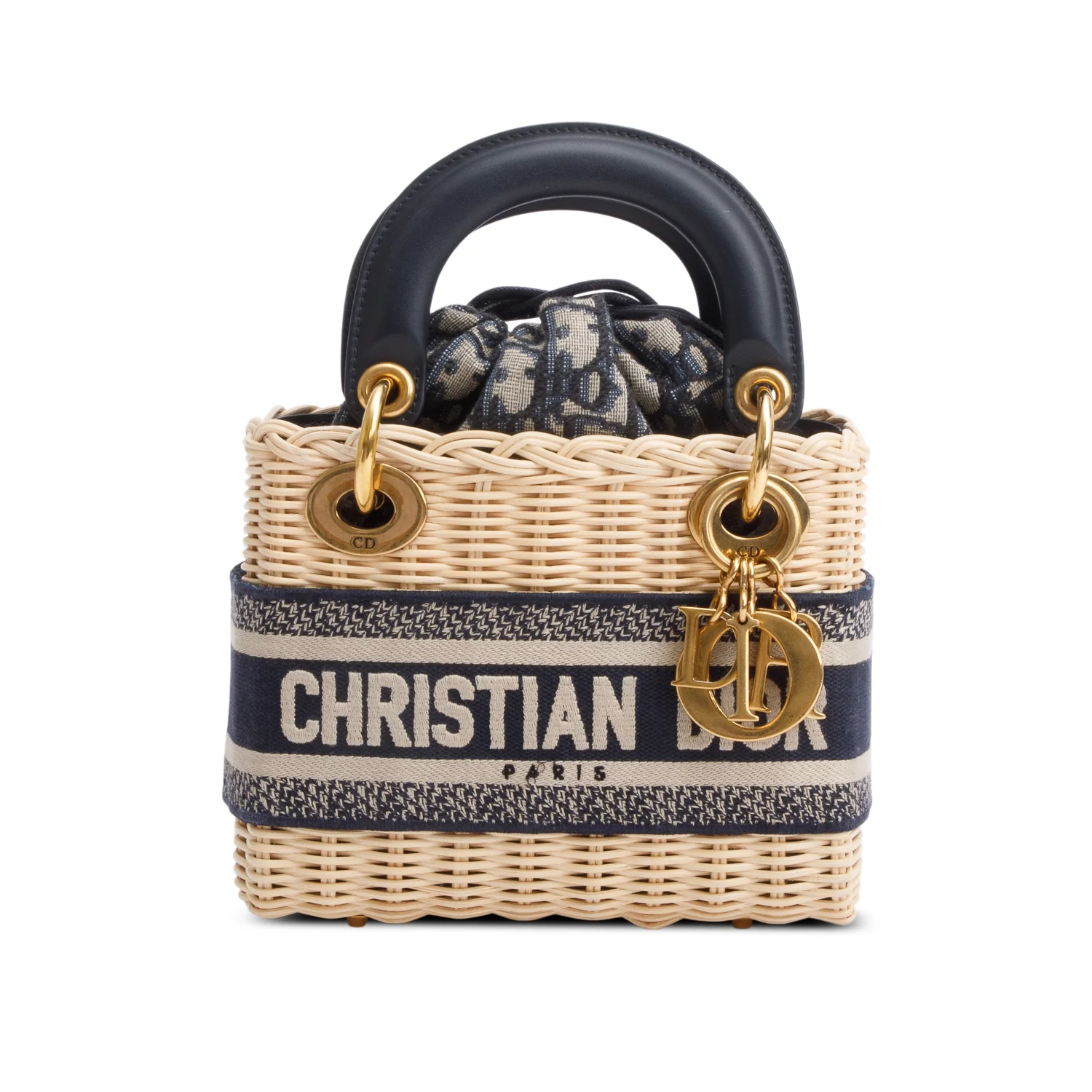 Christian Dior 2022 Wicker Navy Oblique Mini Lady Dior Bag w/ Strap - Image 3